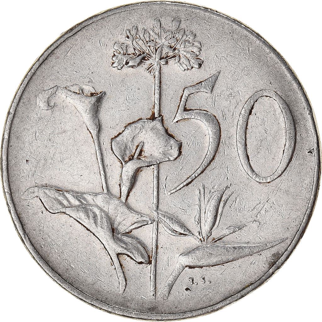 South Africa | 50 Cents Coin | Founder of Cape Town | Flowers | Lilies | Bird of Paradise | Km:70.2 | 1965 - 1969