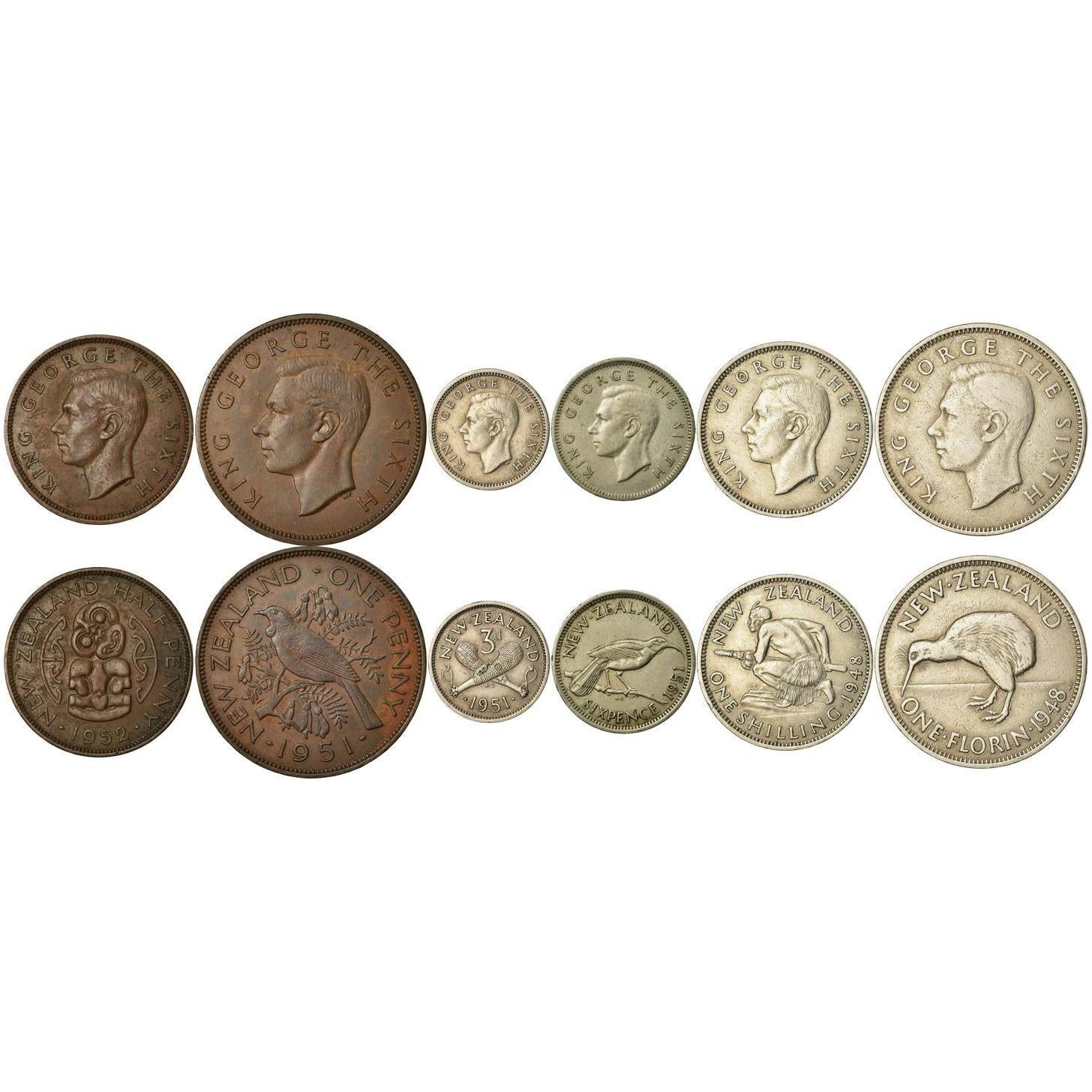 New Zealand | 6 Coin Set | 1/2 1 Penny 3 6 Pence 1 Shilling 1 Florin | 1948 - 1952