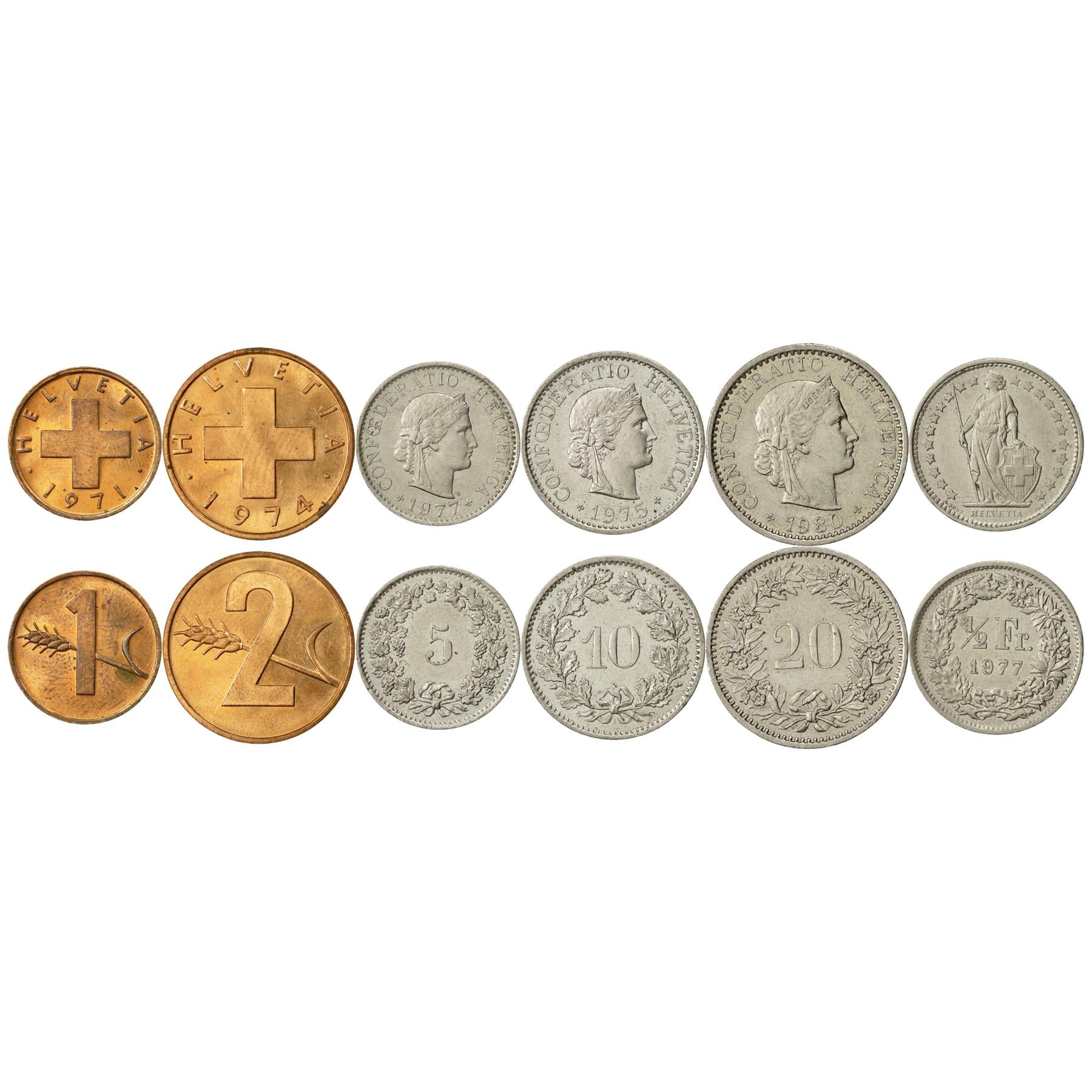 Swiss 6 Coin Set 1 2 5 10 20 Rappen 1/2 Franc | Wheat | Libertas | Hel