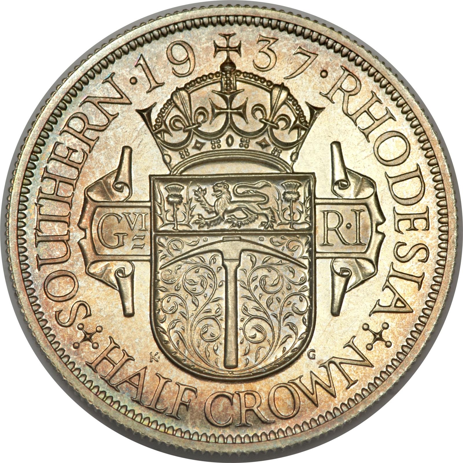 Southern Rhodesia | 1/2 Crown Coin | George VI | Crown | Shield | Pickaxe | KM:13 | 1937