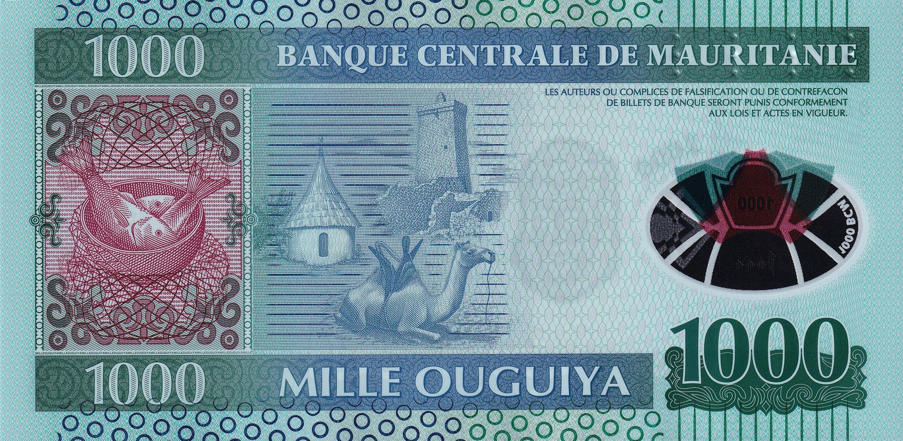Mauritania | 1000 Ouguiya Banknote | 2014 | Native Ornamental Designs | Fish Bowl | Camel | Hut | Tichit Mosque