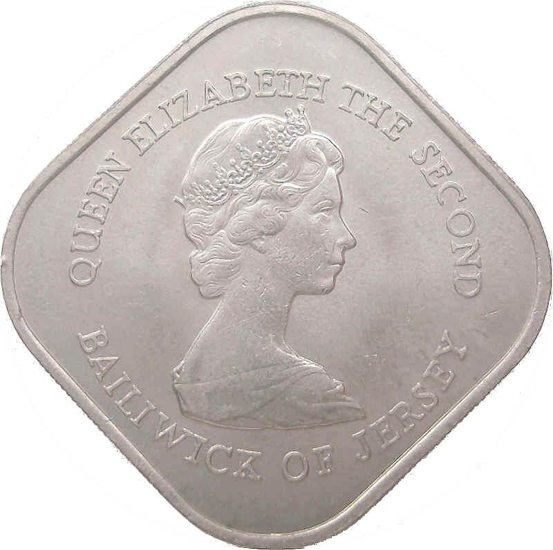 عملة جزيرة جيرسي فئة جنيه واحد | الملكة إليزابيث الثانية | معركة جيرسي | التاج | KM51 | 1981