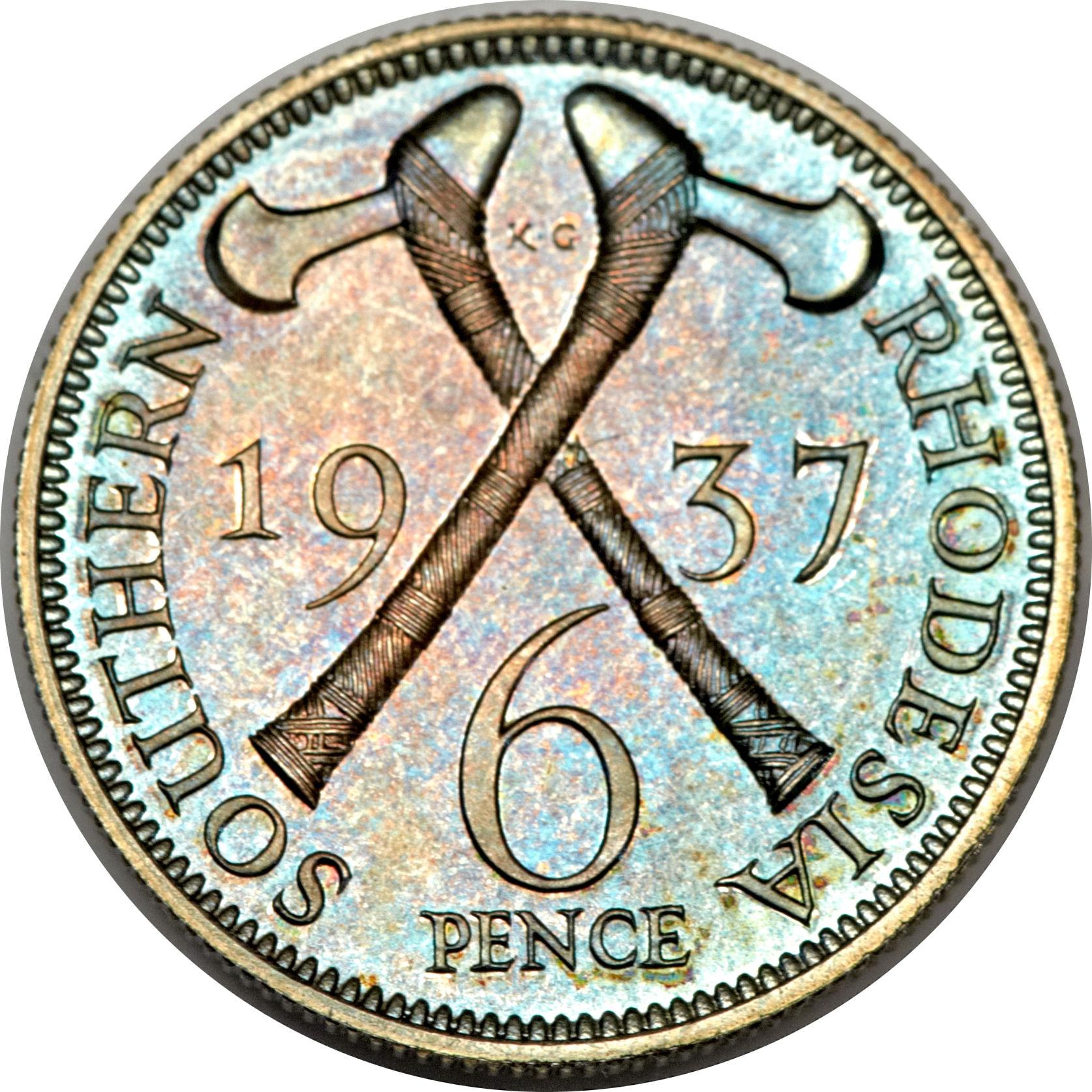 Southern Rhodesia | 6 Pence Coin | George VI | Axes | KM:10 | 1937