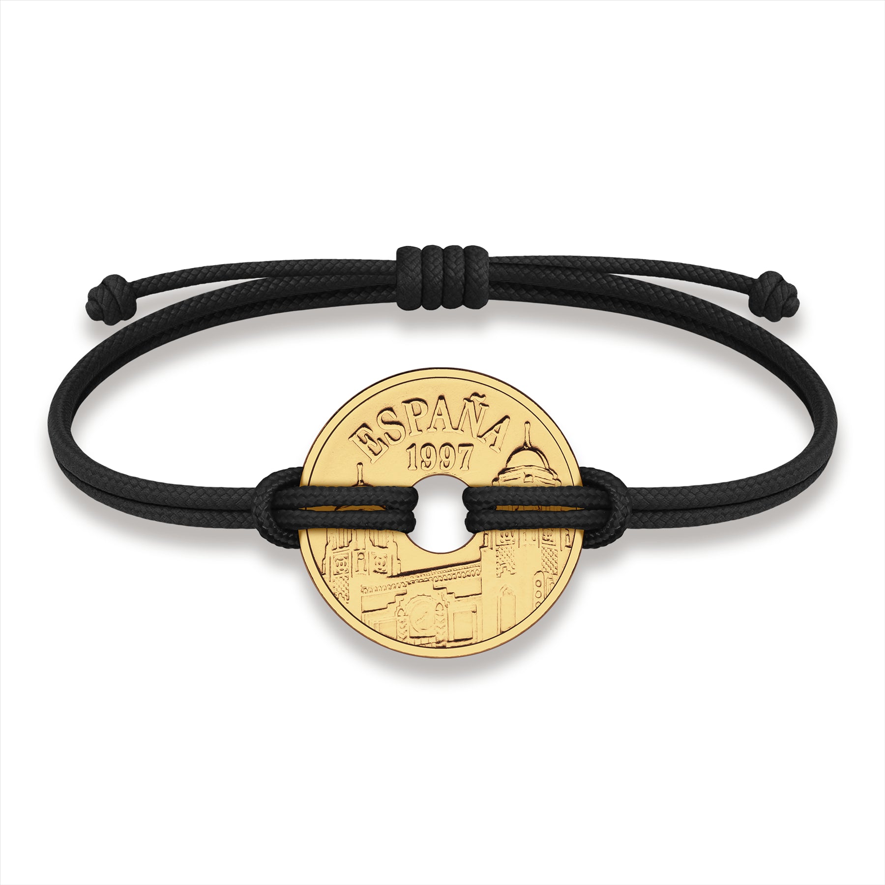 Good Luck Coin Bracelet | Black String Thread Wristband | Spain 25 Pesetas | 18k Gold Plated Fortune Wealth & Protection