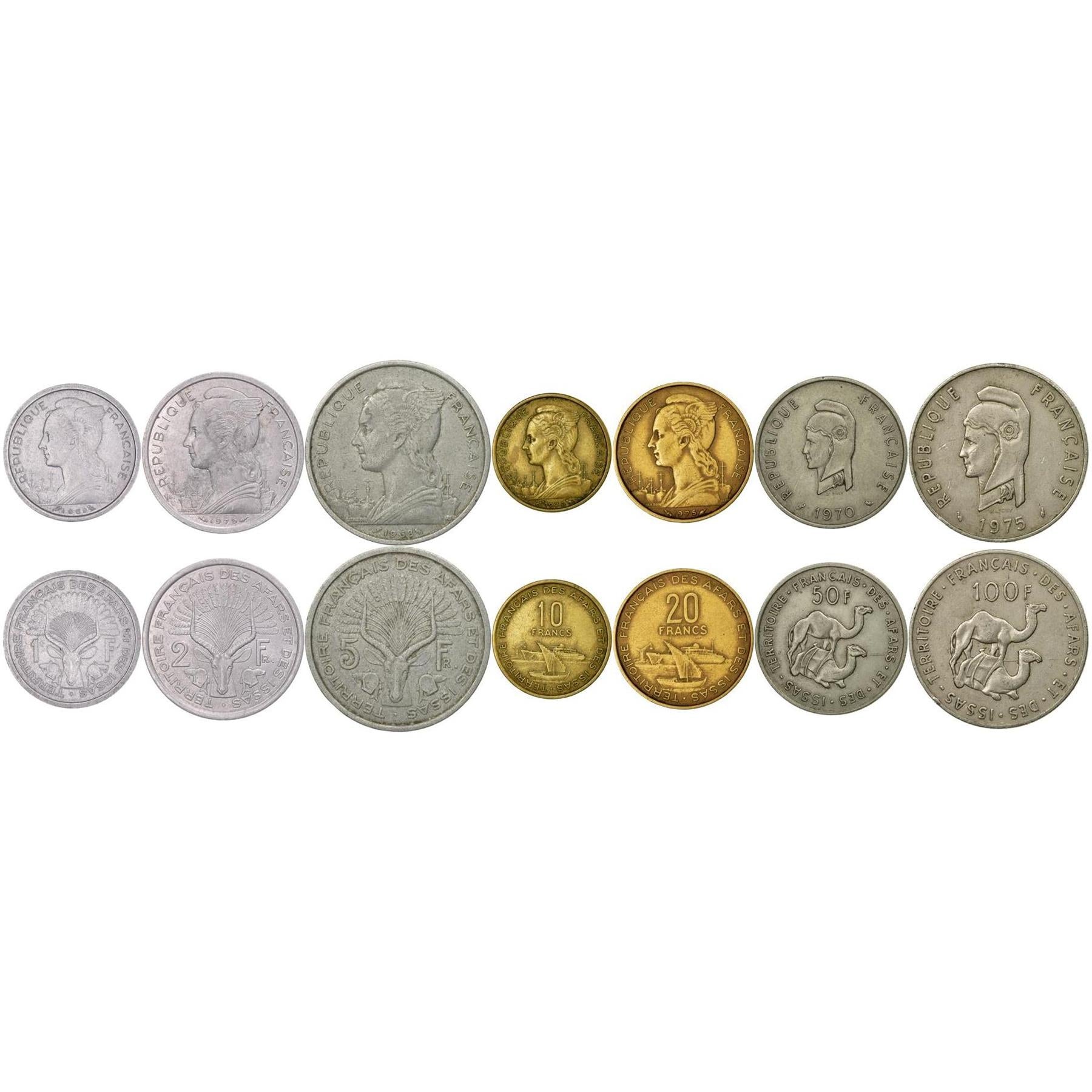 Afars and Issas | 7 Coin Set | 1 Franc 2 5 10 20 50 100 Francs | 1968 - 1975