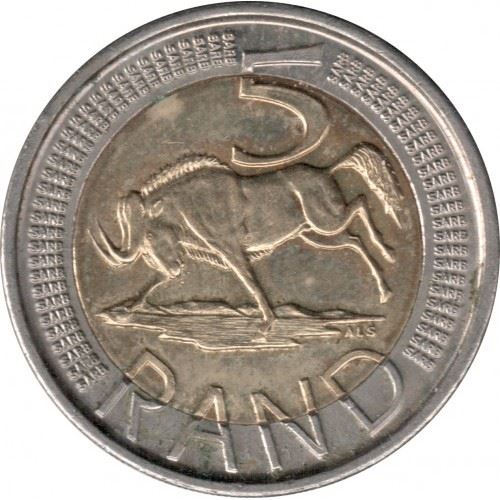 South Africa | 5 Rand Coin | Animals | Wildebeest | Gnu | Km:446 | 2008