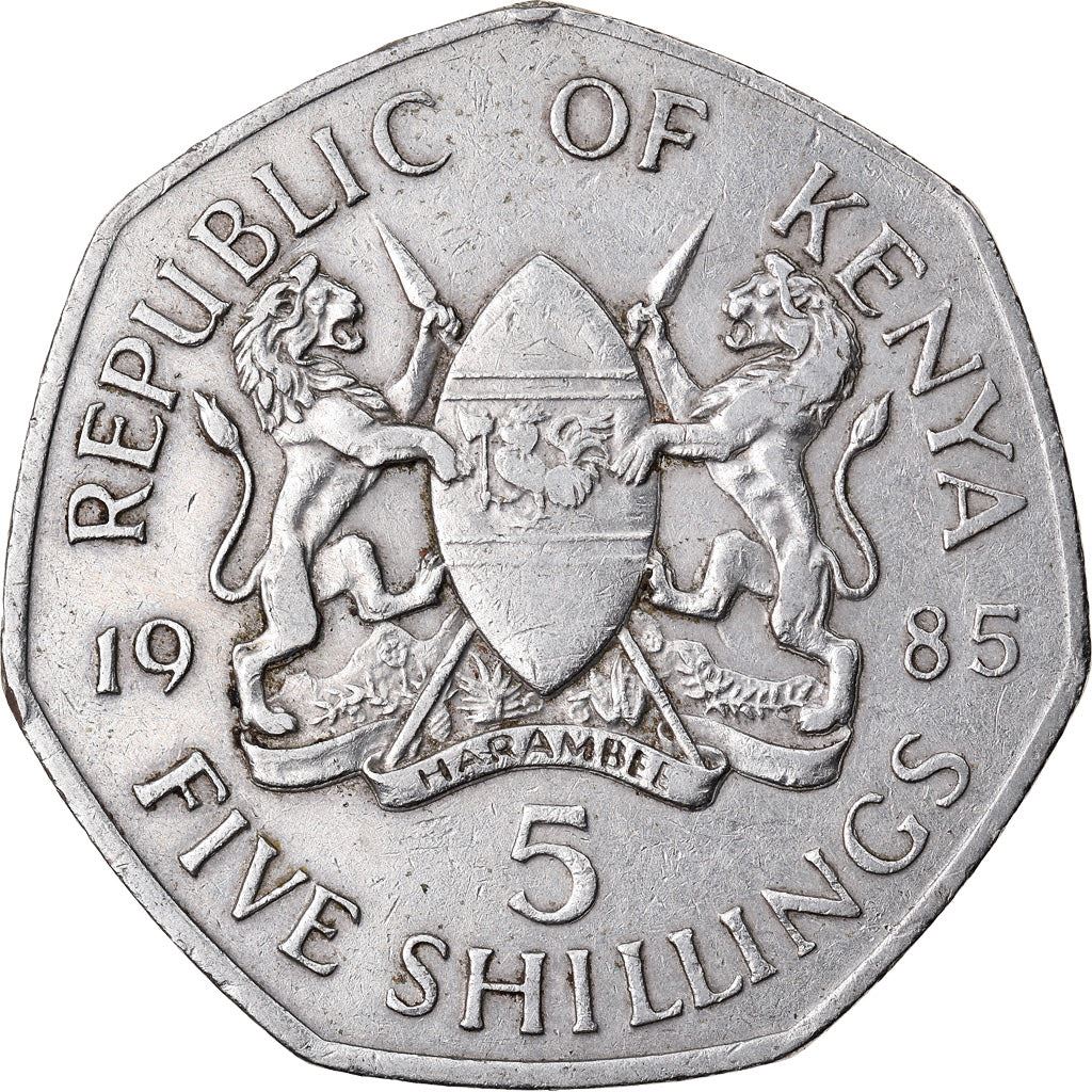 Quénia 5 xelins | Escudo | Machado | Leão | Pássaro | Moeda de Lança | KM23 | 1985