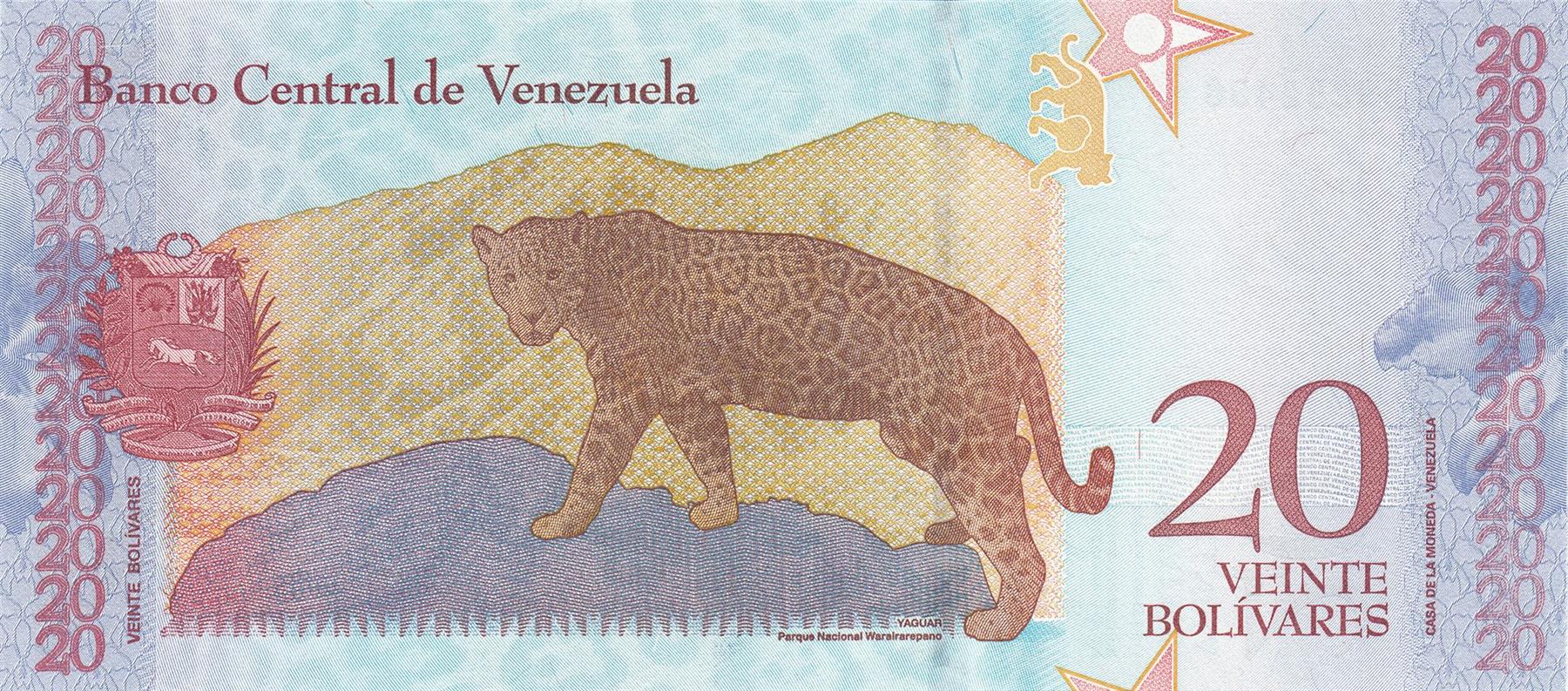 Venezuela | 20 Bolivares Banknote | 2018 | Simon Rodriguez | Jaguar | Waraiarepano National Park