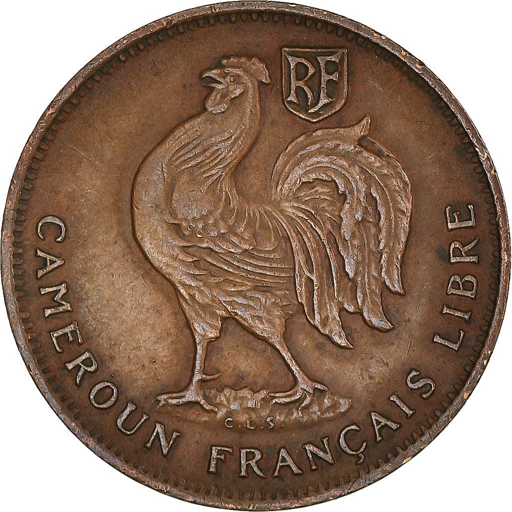 French Cameroon | 50 Centimes Coin | Rooster | Lorraine Cross | Km:6 | 1943