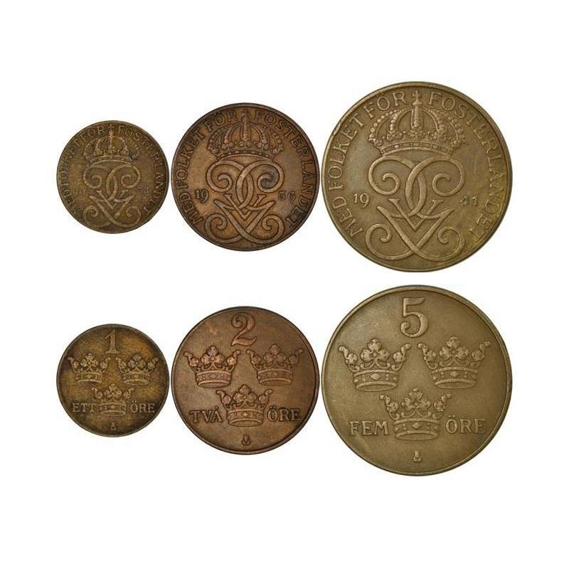 Swedish 3 Coin Set 1 2 5 Ore | Three Crowns | Sweden | 1909 - 1950