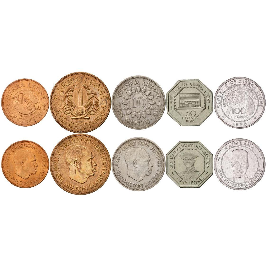 5 Mixed Coins | Sierra Leone | 1/2 Cent - 100 Leones | Bonga Shad Fish | Fern Leaves | Milton Margai | Cocoa Fruit