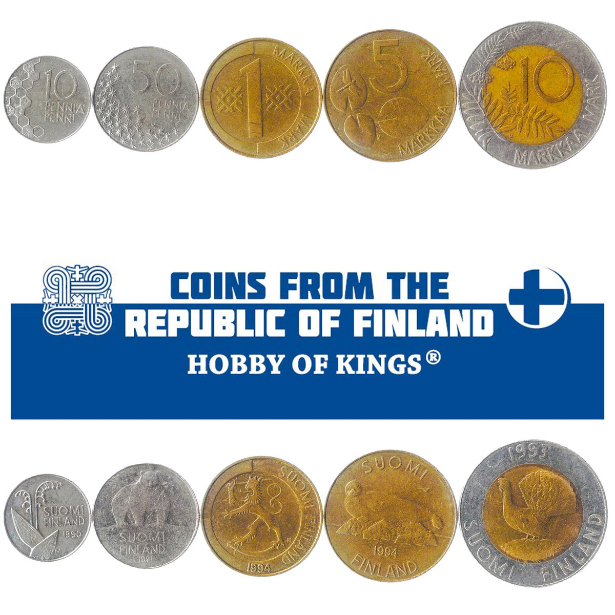 Finland | 5 Coin Set | 10 50 Pennia 1 Markka 5 10 Markkaa | 1990 - 2001