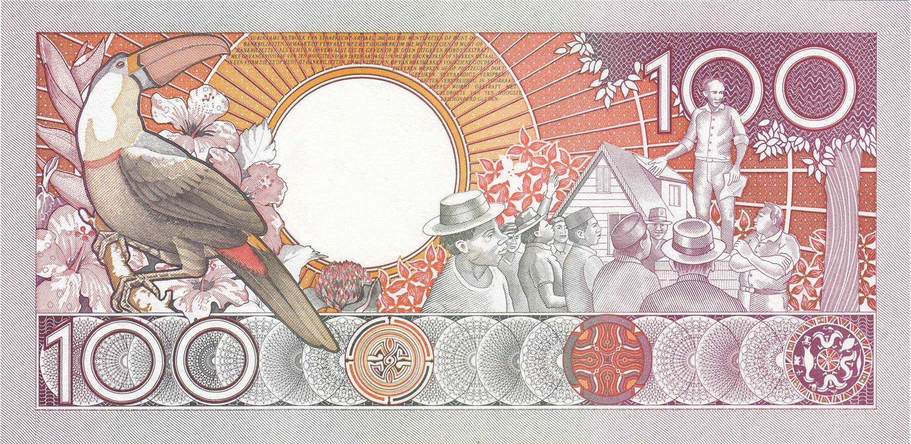 Suriname | 100 Gulden Banknote | 1986 - 1988 | Anton De Kom | Militia | Buildings | Toucan | Speaker with People