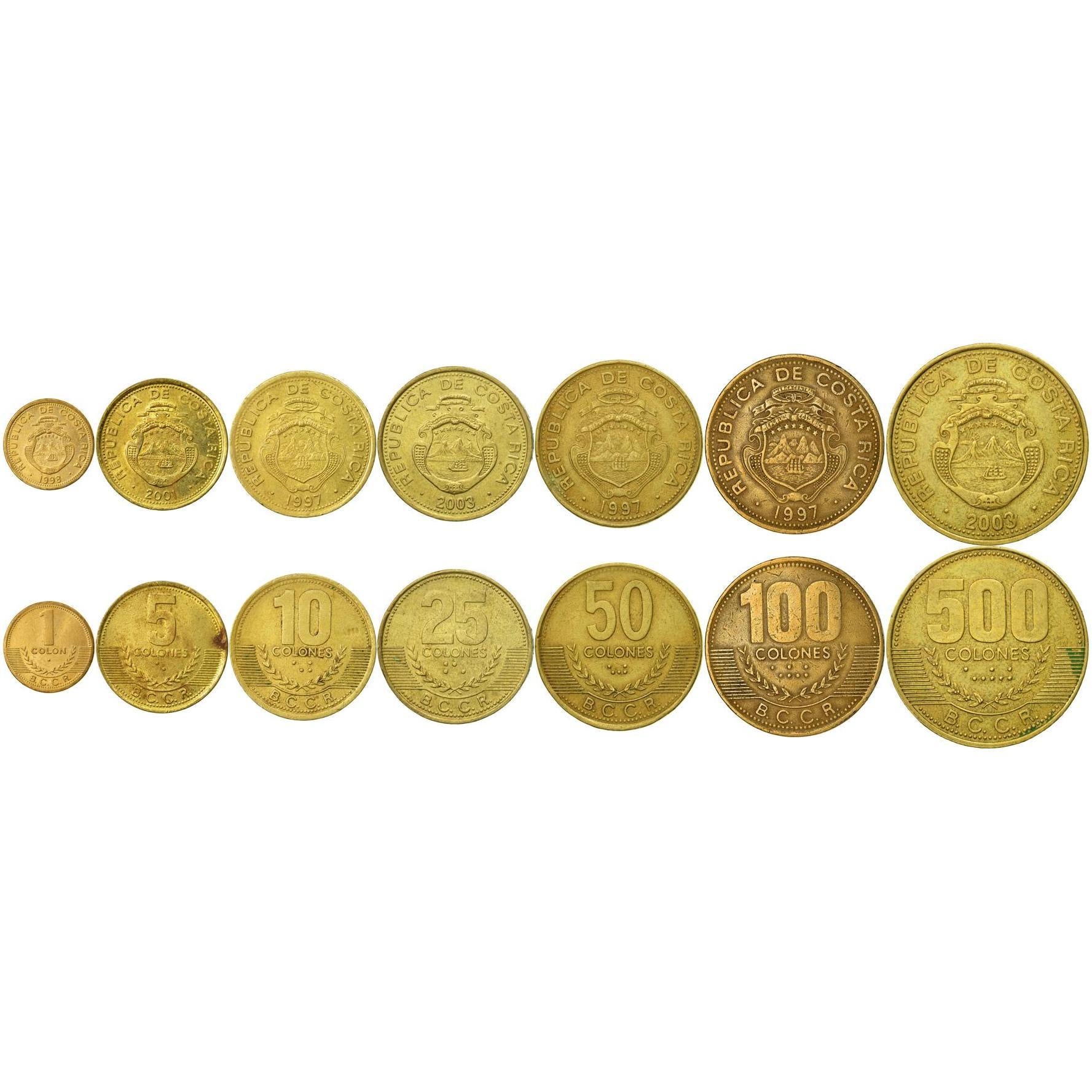 Costa Rica | 7 Coin Set | 1 Colon 5 10 25 50 100 500 Colones | 1997 - 2005