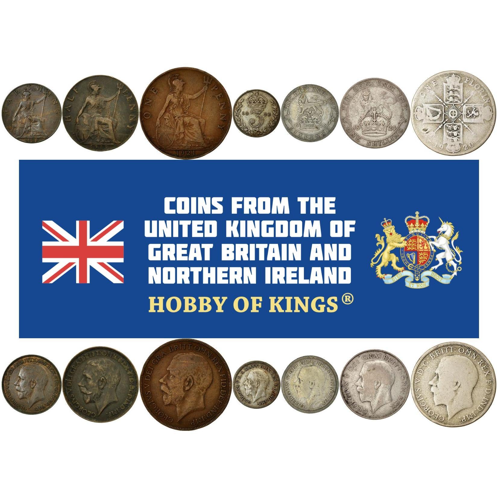 United Kingdom | 7 Coin Set | 1 Farthing 1/2 1 Penny 3 6 Pence 1 Shilling 1 Florin | 1920 - 1927