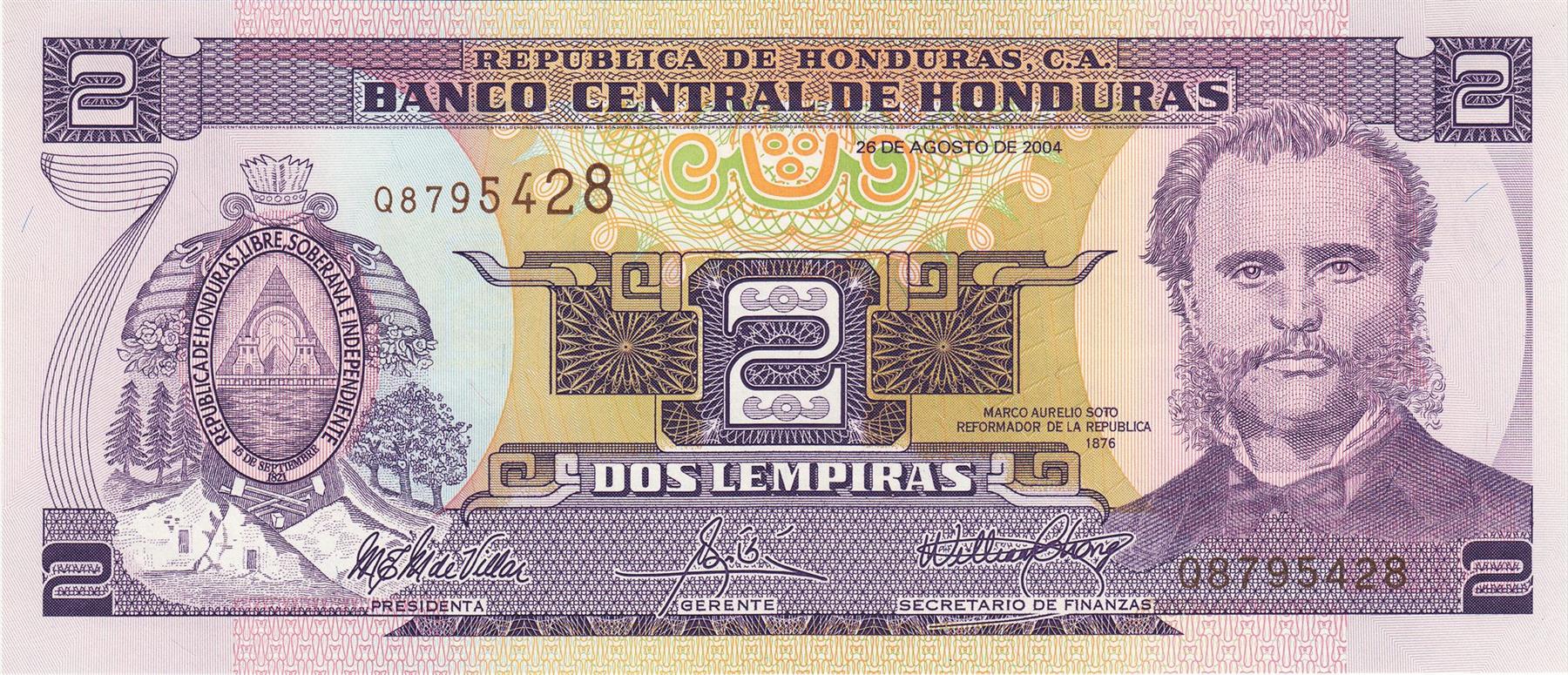 Honduras | 2 Lempiras Banknote | 1997 - 2010 | Marco Aurelio Soto | Tiger Island | Port City Amapala