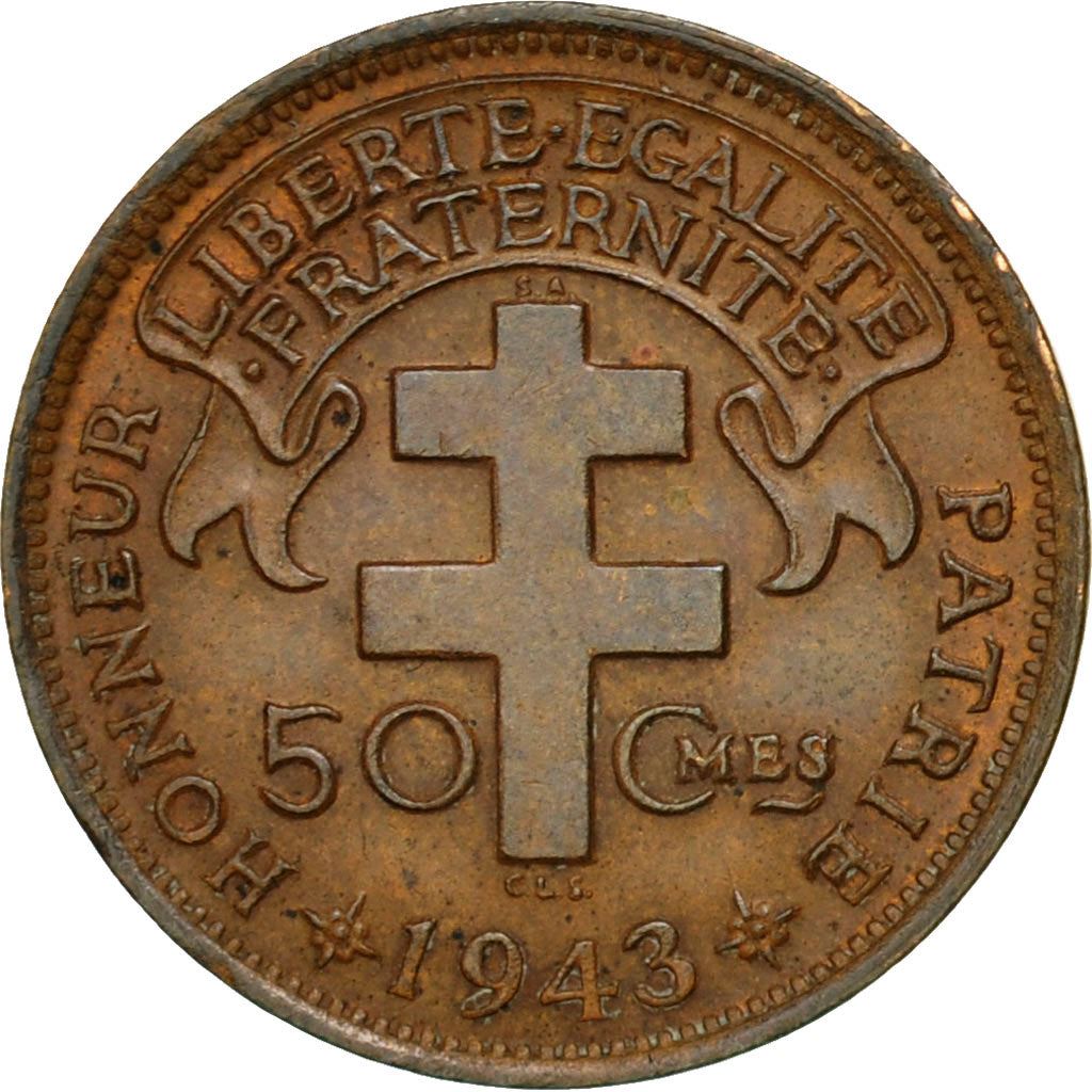 French Cameroon | 50 Centimes Coin | Rooster | Lorraine Cross | Km:6 | 1943