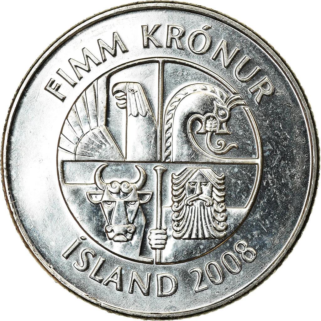Islandijos 5 kronų moneta | Jautis Grioungur | Erelis Gammur | Drakonas Dreki | Milžinas Bergrisi | Delfinas | 1996 - 2008