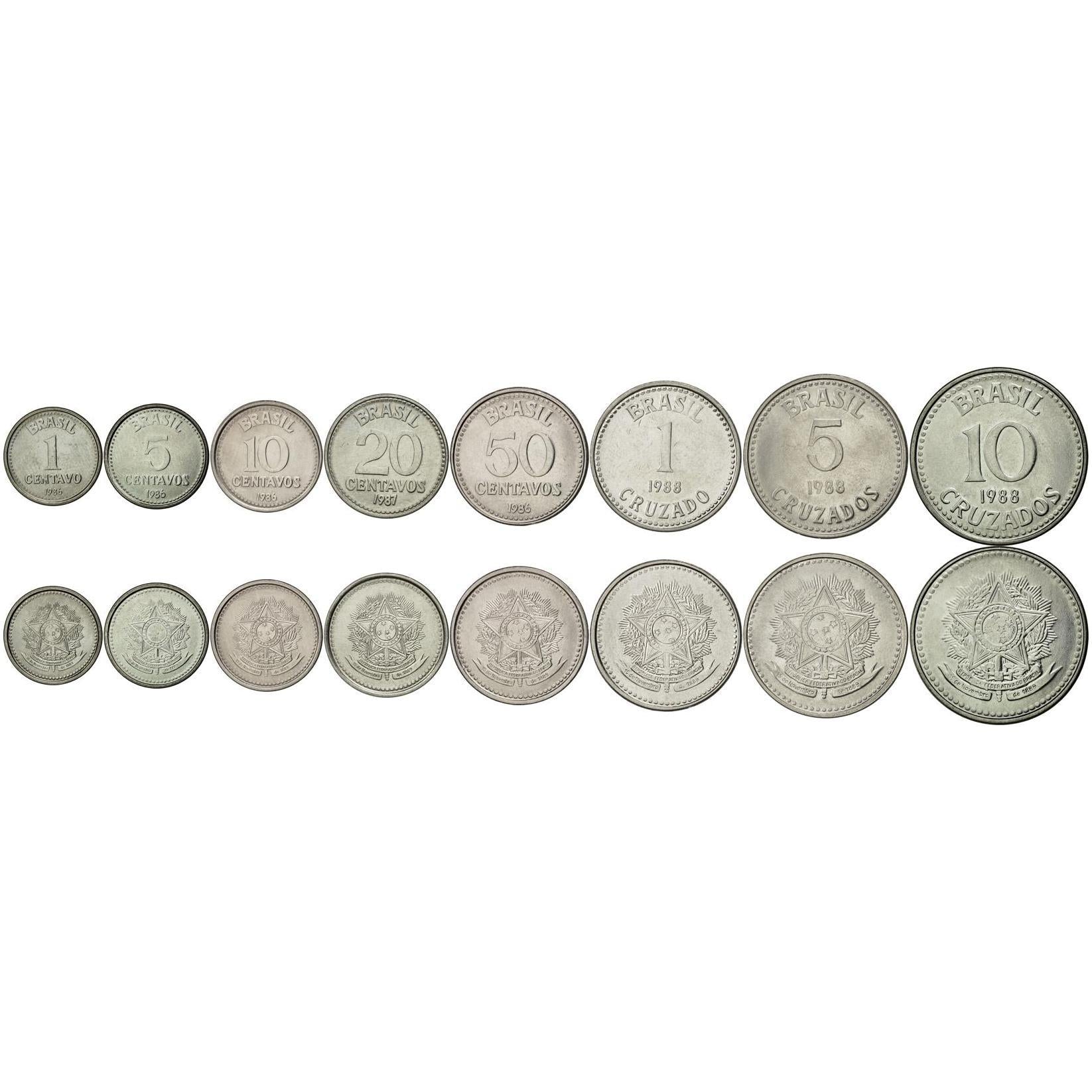 Sett med 8 mynter Brasil 1 5 10 20 50 centavos 1 5 10 cruzados brasiliansk valuta 1986 - 1988