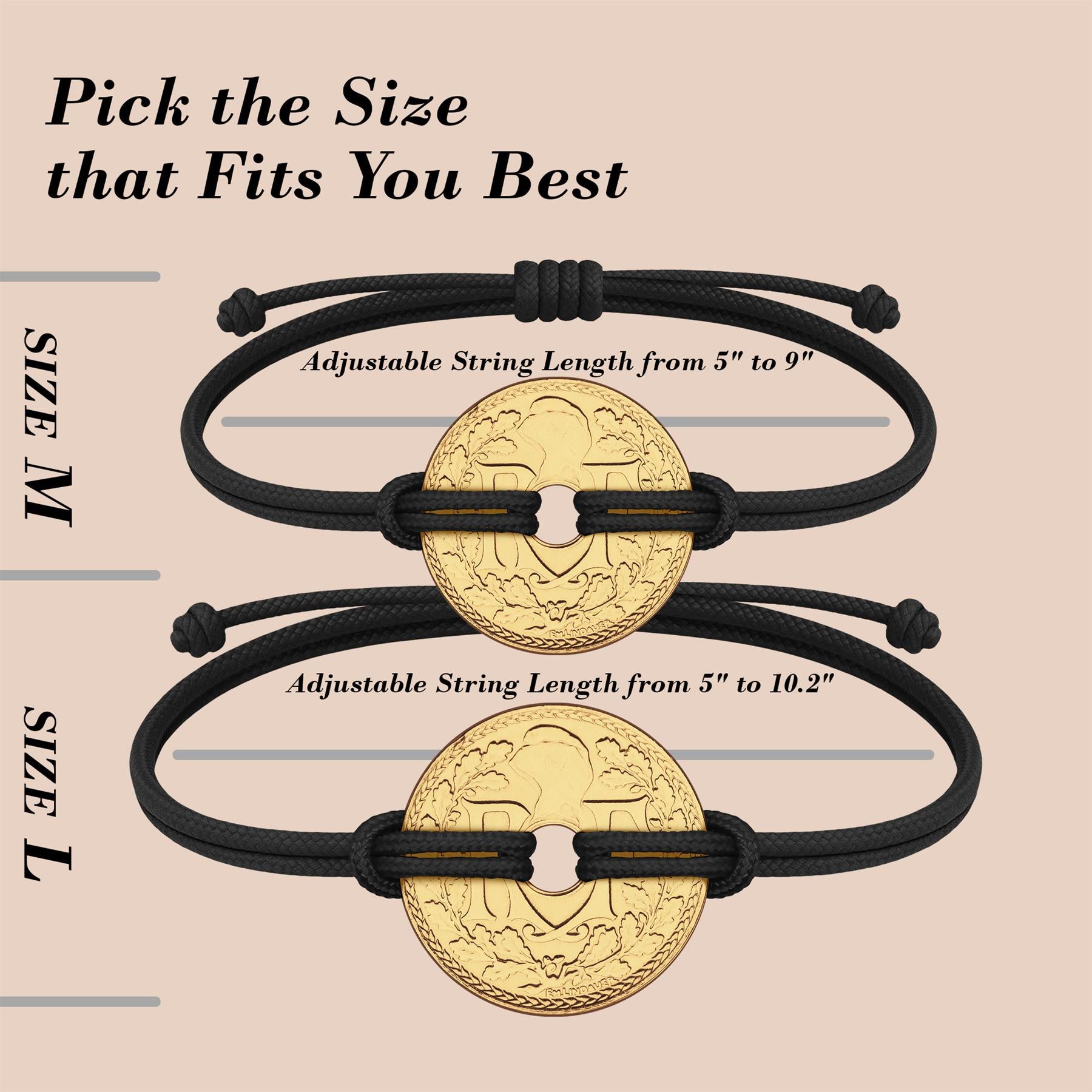 Good Luck Coin Bracelet | Black String Thread Wristband | France Coin 10 Centimes | 18k Gold Plated Fortune Wealth & Protection