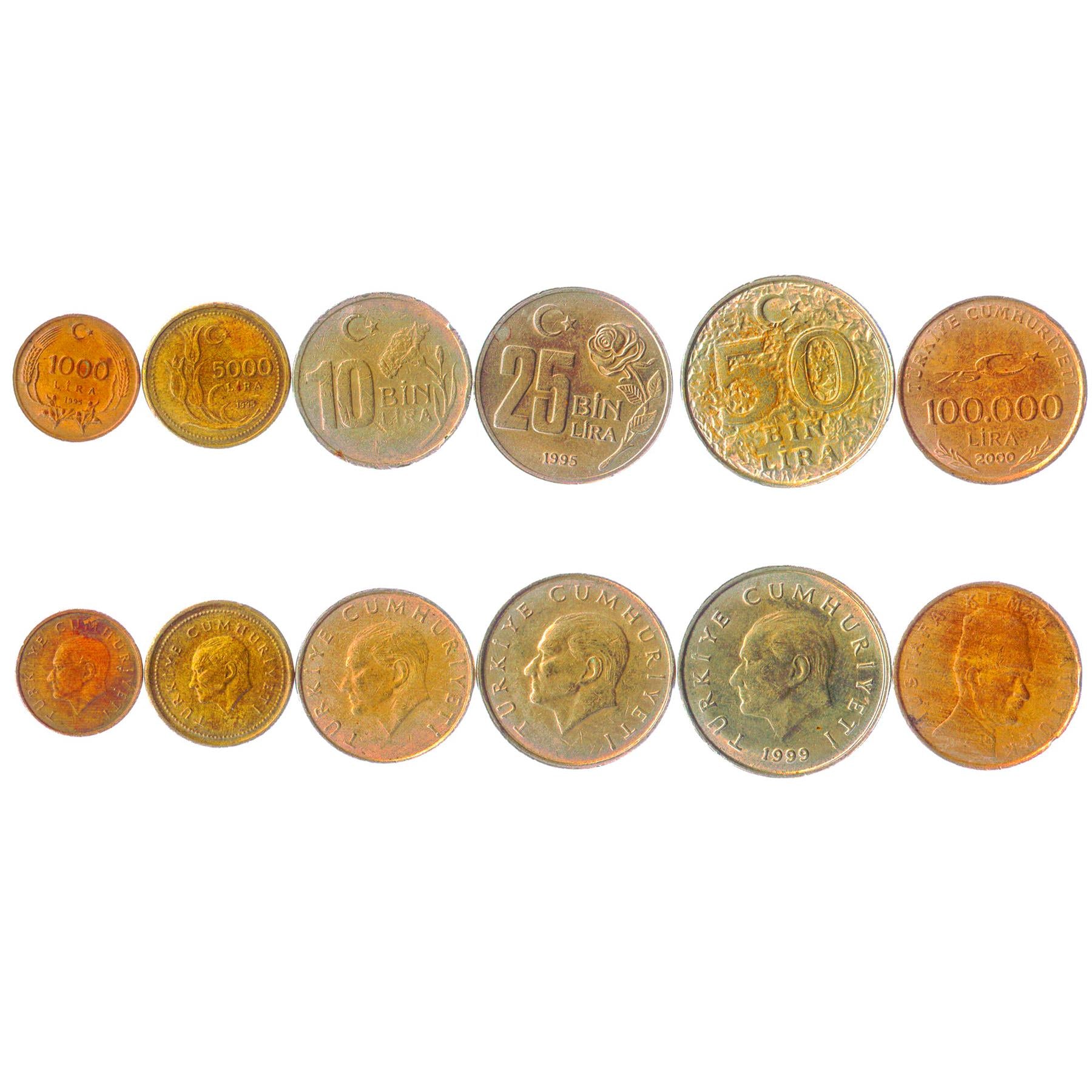 Turkey | 6 Coin Set | 1000 5000 10 000 25 000 50 000 100 000 Lira | 1995 - 2000
