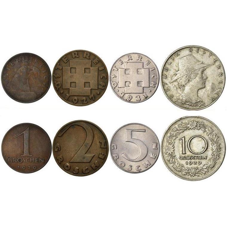 Austrija | 4 monetų rinkinys | 1 2 5 10 Groschen | Kryžminis kryžius | Tirolio moteris | Gėlių vainikas | 1925 - 1933