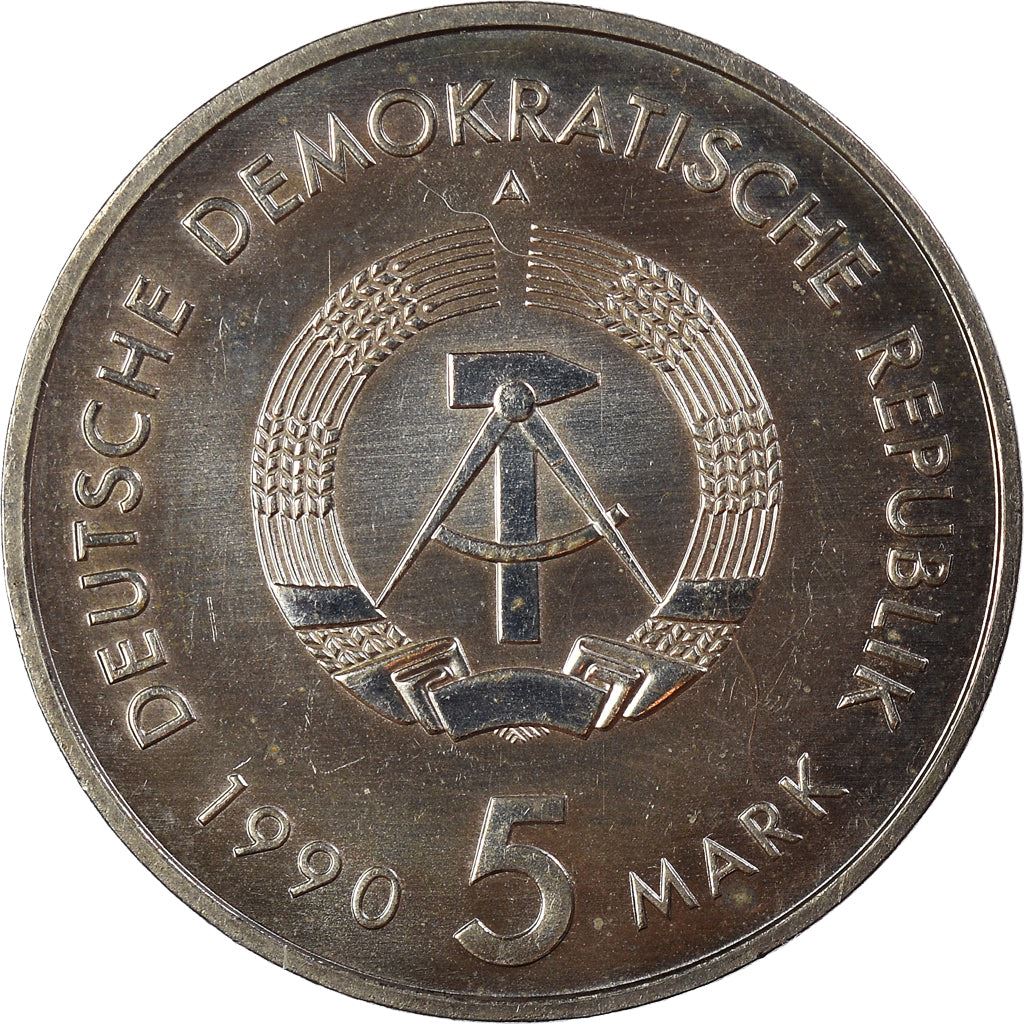 German Democratic Republic 5 Mark Coin | Horse | Carriage | Hunting Horn | Mail Services Emblem | KM134 | 1990