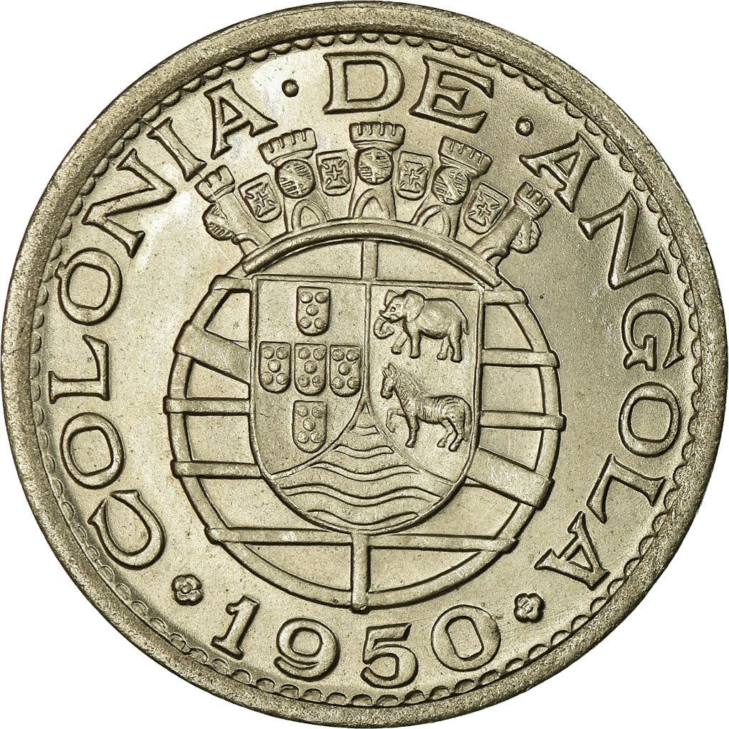 Angola | 50 Centavos Coin | Horse | Elephant | Shield | Km:72 | 1948 - 1950