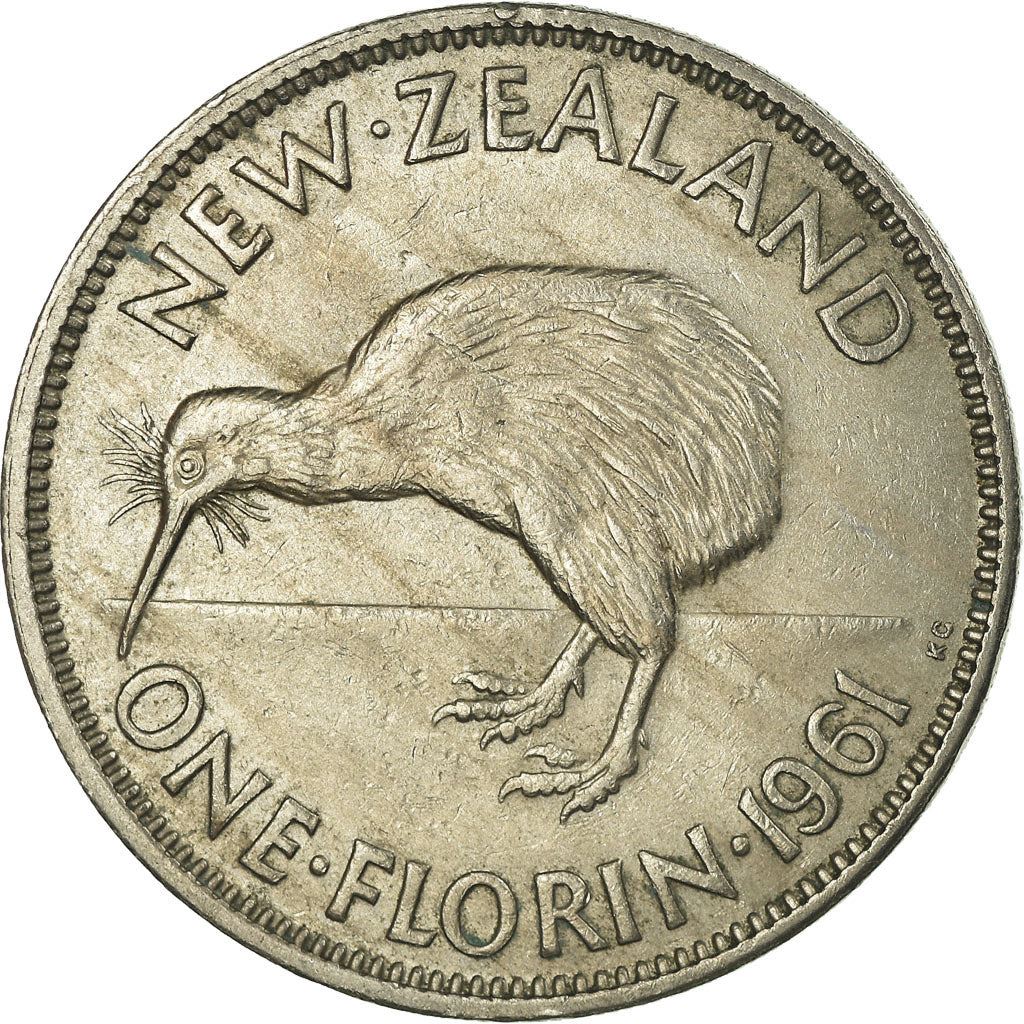 Moneta New Zealander 1 Florin | Królowa Elżbieta II | Ptak Kiwi | KM28 | 1953 - 1965