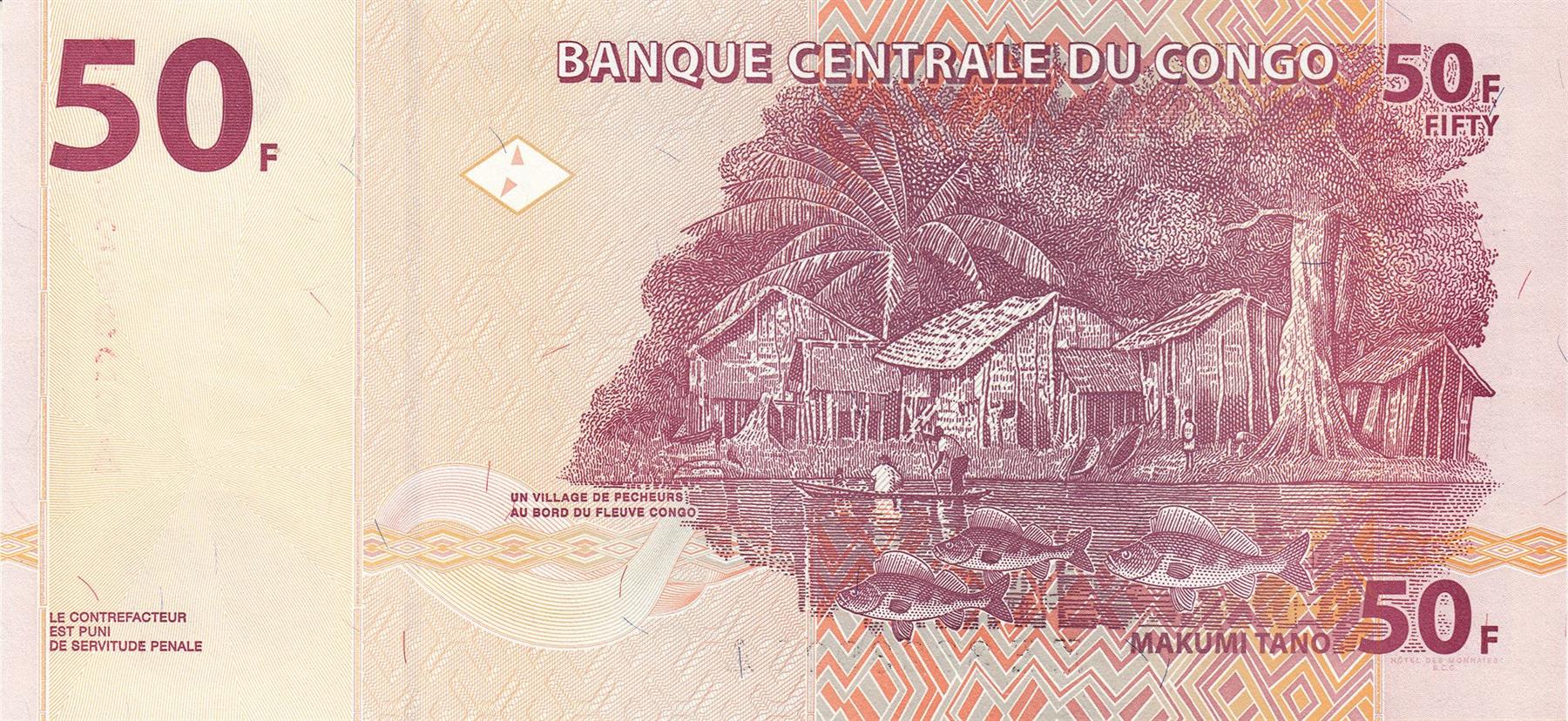Democratic Republic of The Congo | 50 Francs Banknote | 2007 - 2022 | Tshokwe Female Mask | Mwana Pwo | Fishermen Village | Fish