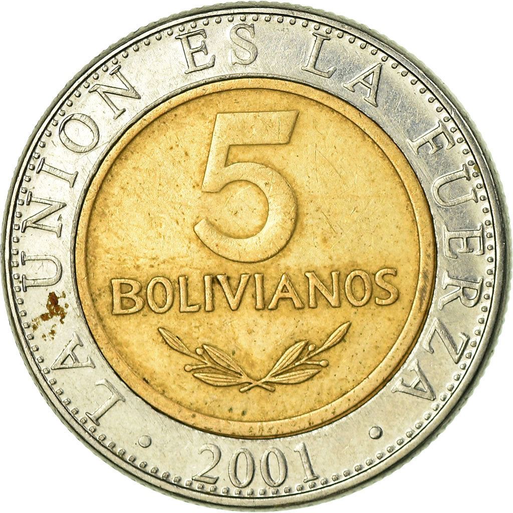 Bolivia | munt van 5 bolivianos | bimetaal | wapenschild | KM:212 | 2001-2004