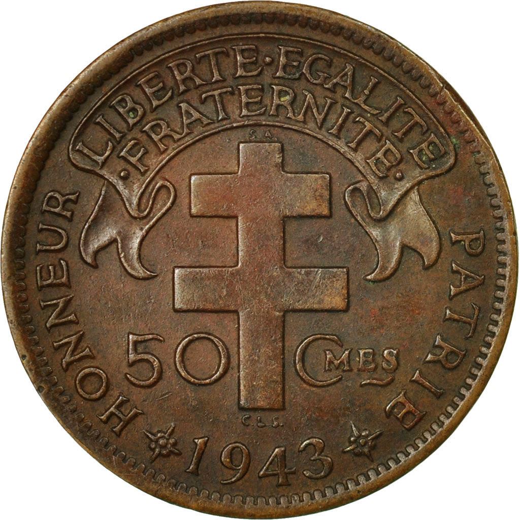 French Cameroon | 50 Centimes Coin | Rooster | Lorraine Cross | Km:4 | 1943
