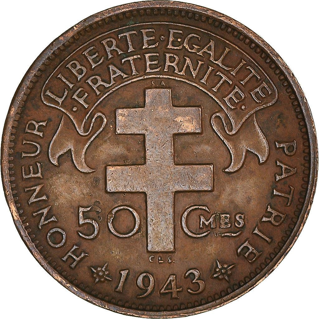 French Cameroon | 50 Centimes Coin | Rooster | Lorraine Cross | Km:6 | 1943
