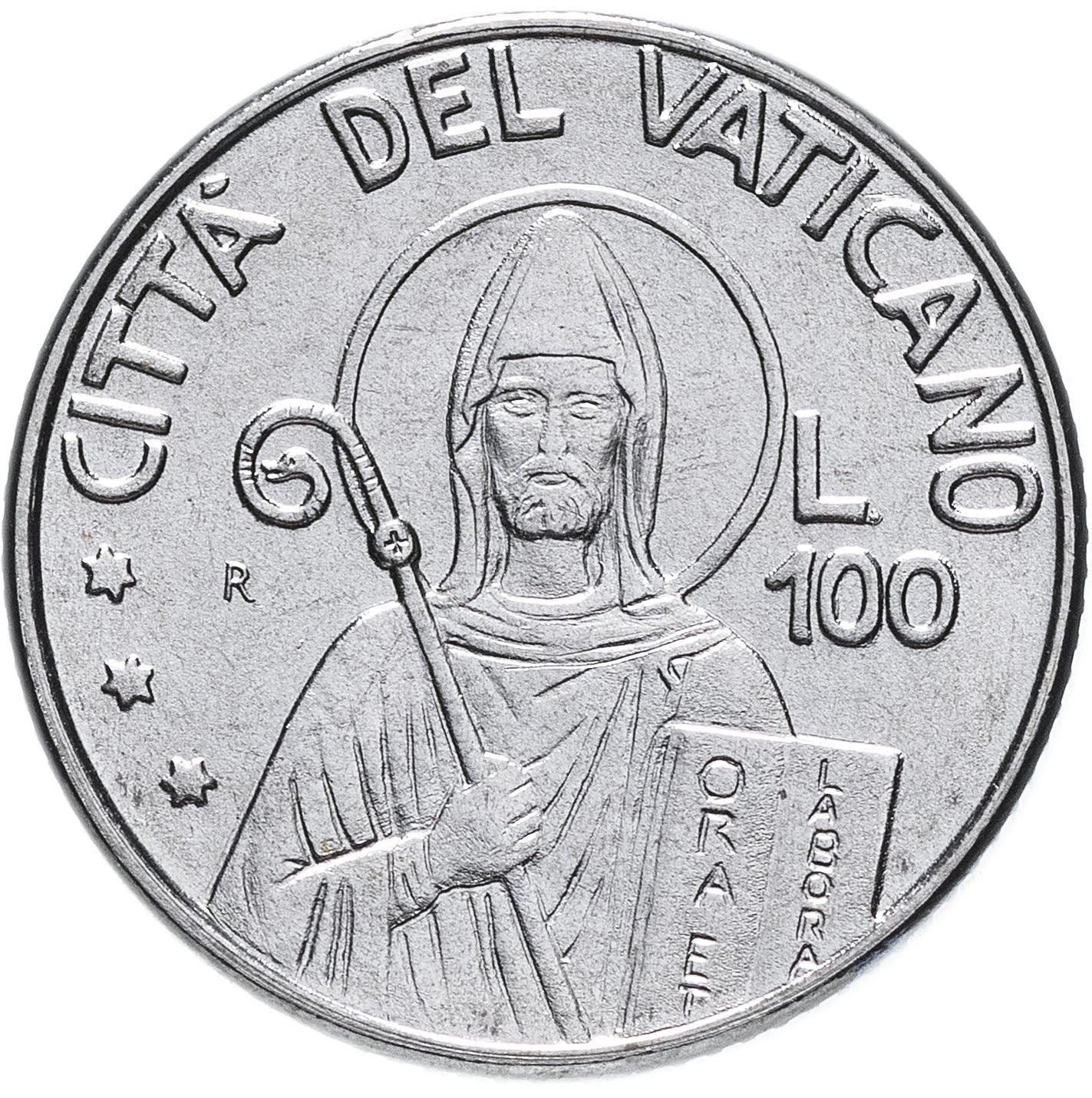 Vatican City | 100 Lire Coin | St. Benedict | Km:223 | 1990