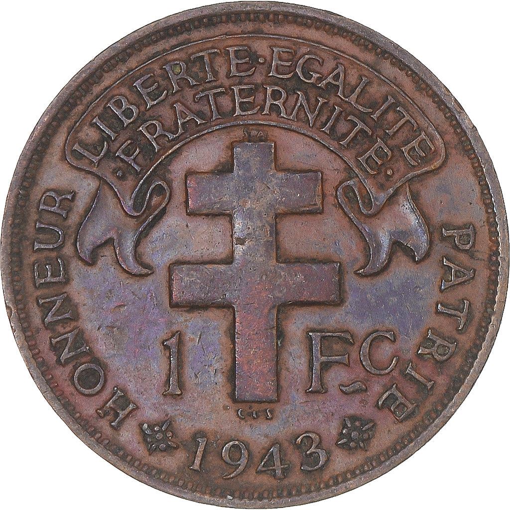 French Cameroon | 1 Franc Coin | Rooster | Lorraine Cross | Km:7 | 1943