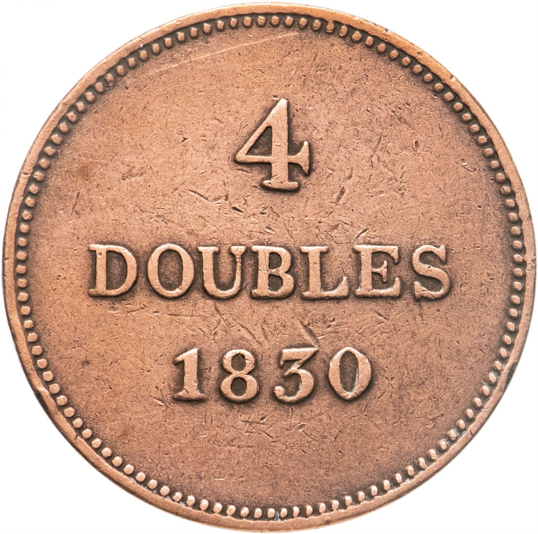 Guernsey 4 Doubles Coin | National arms | KM2 | 1830 - 1858