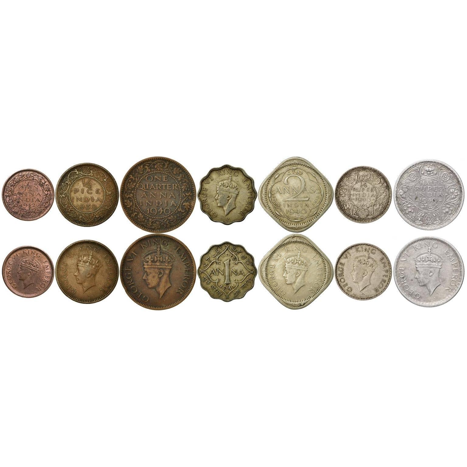 India - British | 7 Coin Set | 1/12 1/4 1 Anna 1/2 Pice 2 Annas 1/4 1/2 Rupee | 1938 - 1942