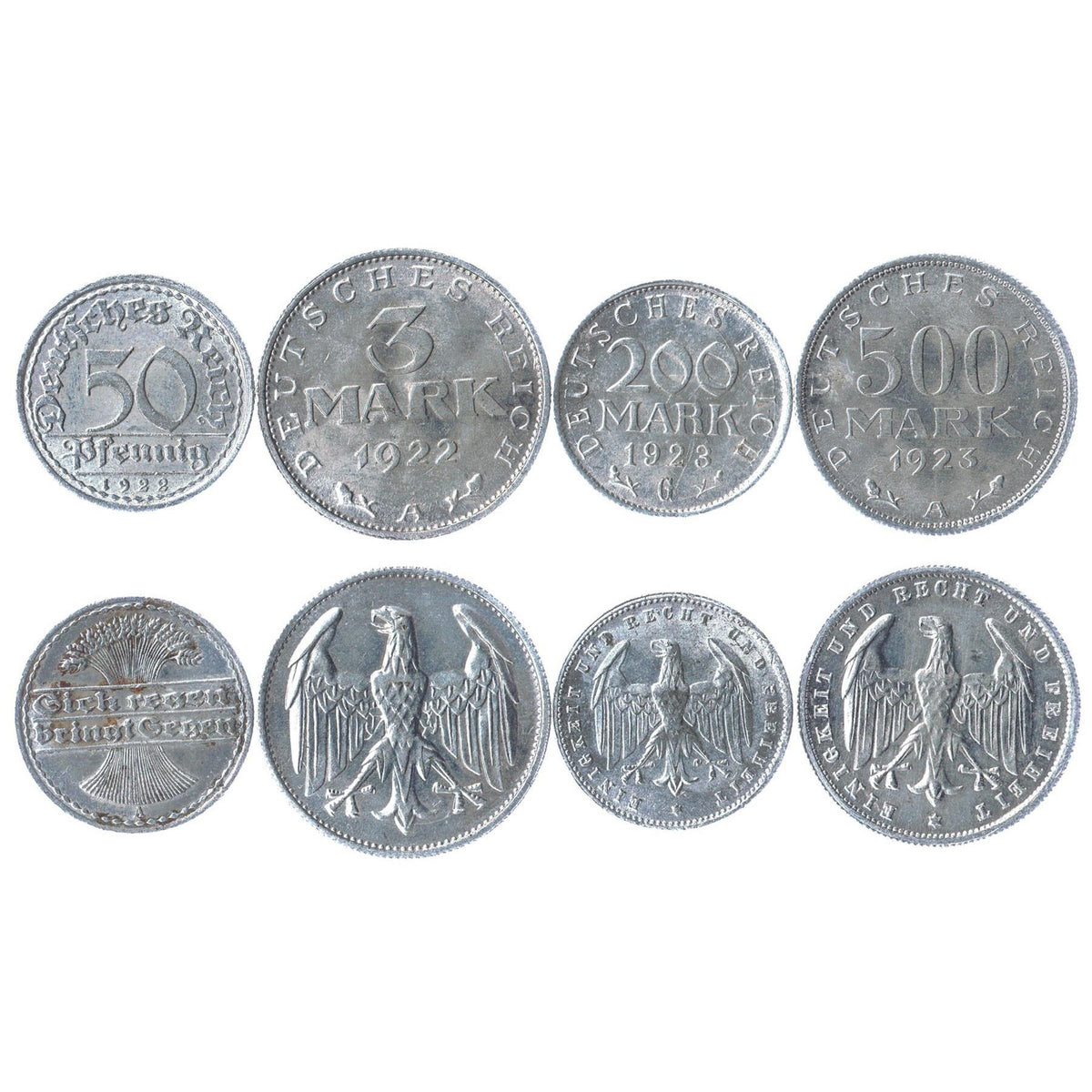Germany | 4 Coin Set | 50 Pfennig 3 200 500 Mark | 1919 - 1923