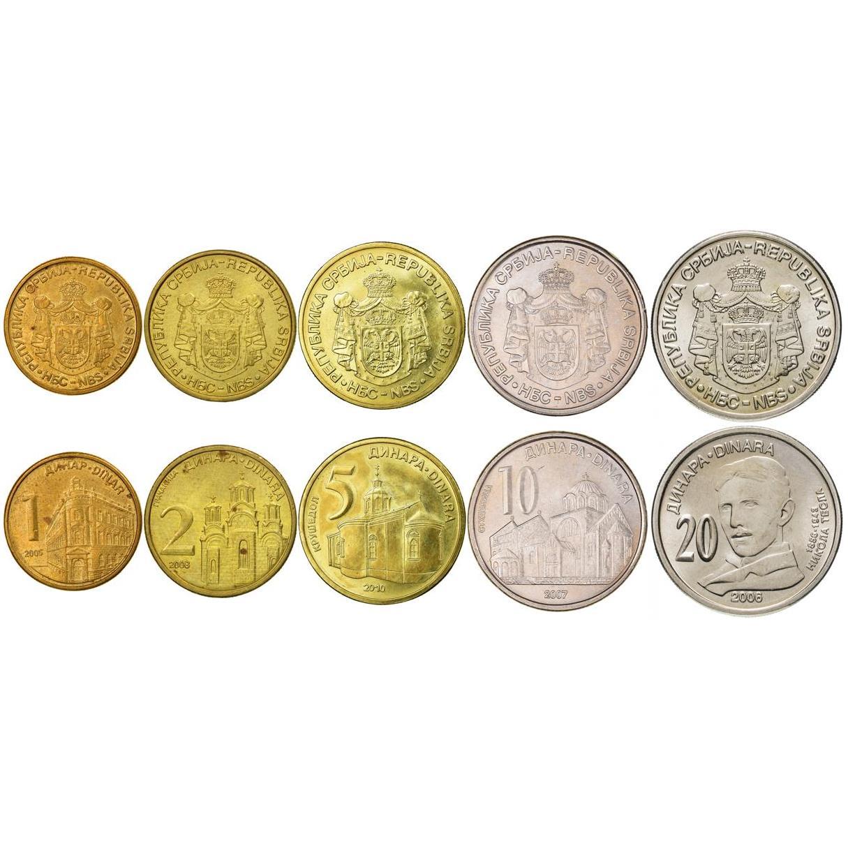 Serbia | 5 Coin Set | 1 Dinar 2 5 10 20 Dinars | 2005 - 2011