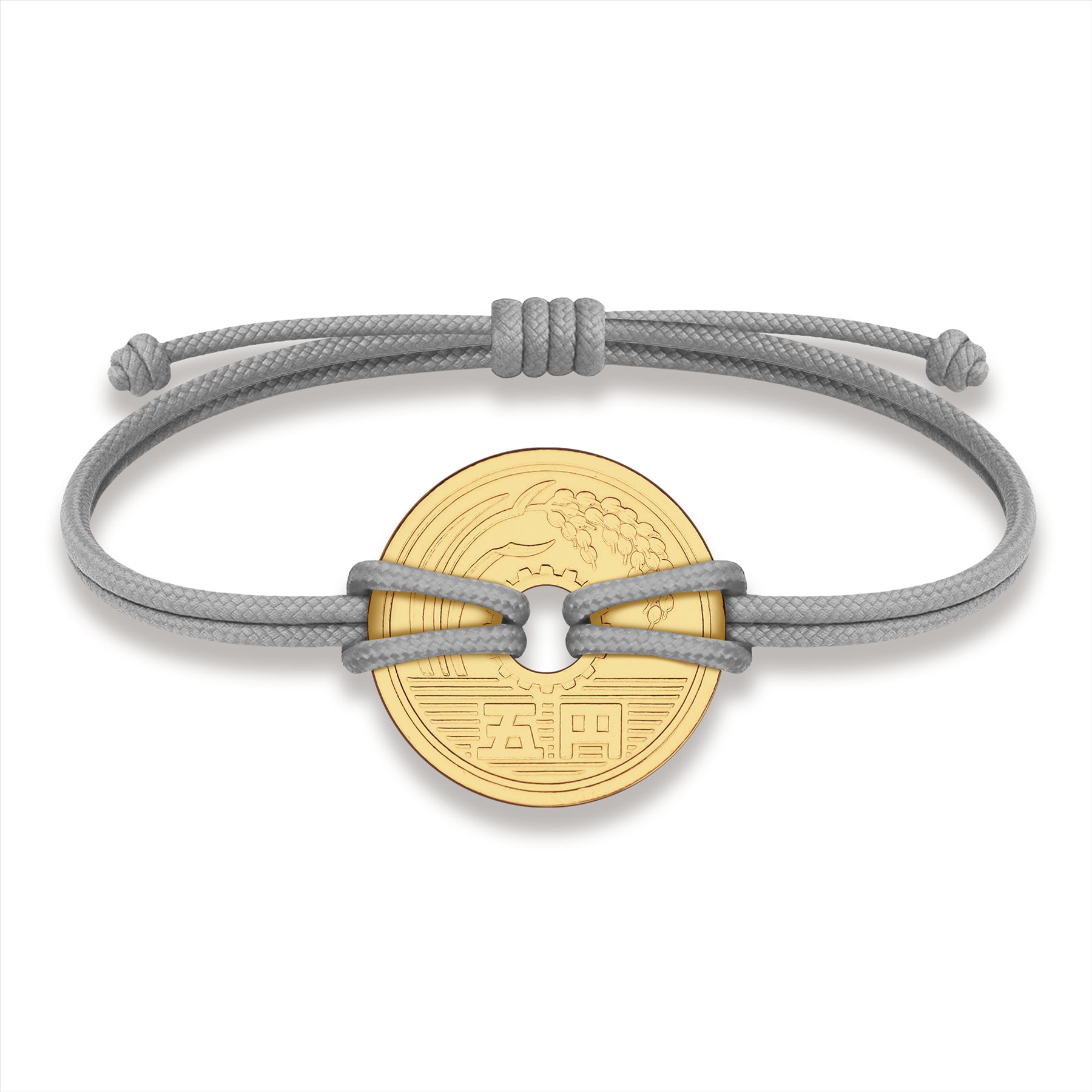 Good Luck Coin Bracelet | Gray String Thread Wristband | Japan Coin 5 Yen | 18k Gold Plated Fortune Wealth & Protection