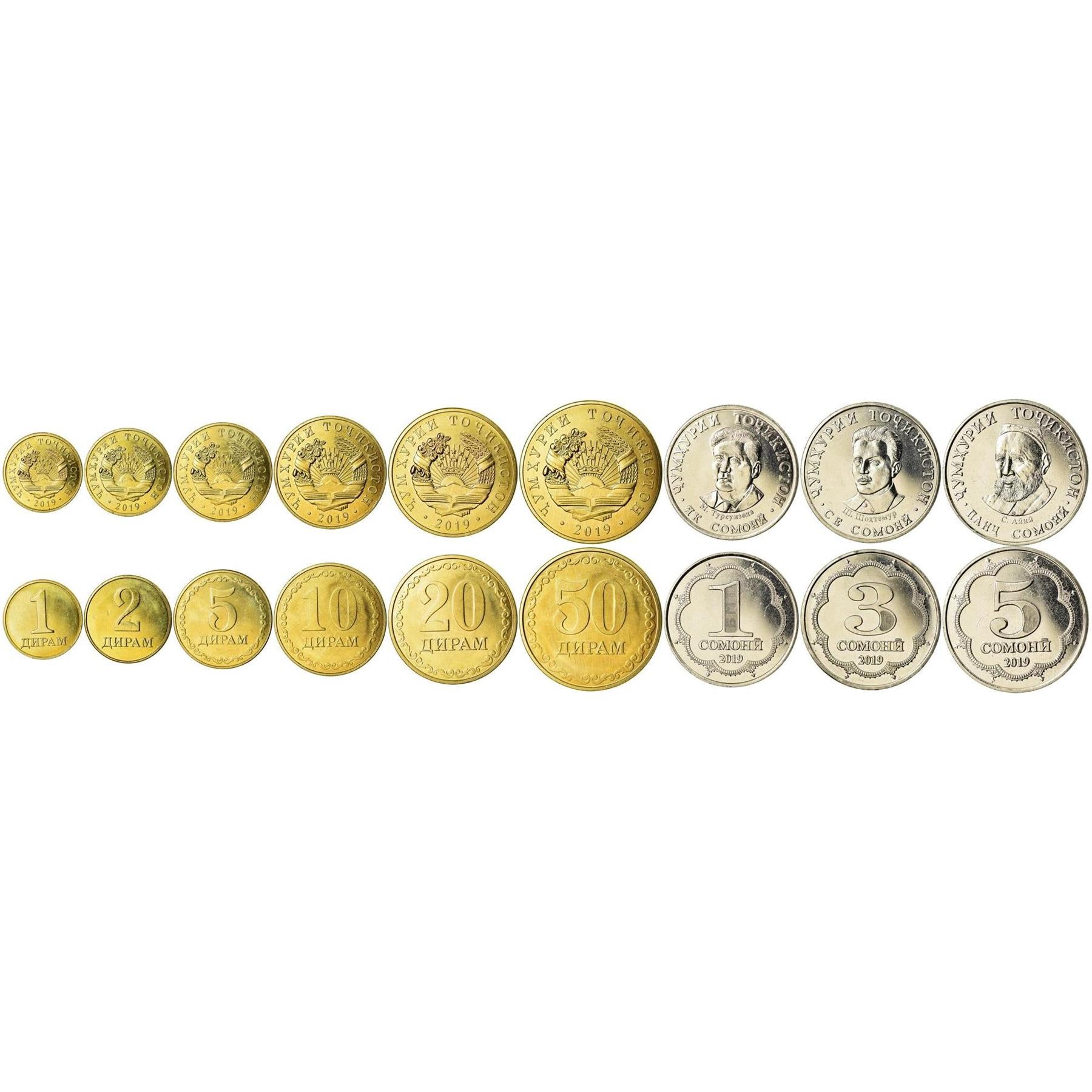 Tajikistan | 9 Coin Set | 1 2 5 10 20 50 Diram 1 3 5 Somoni | 2019 - 2023