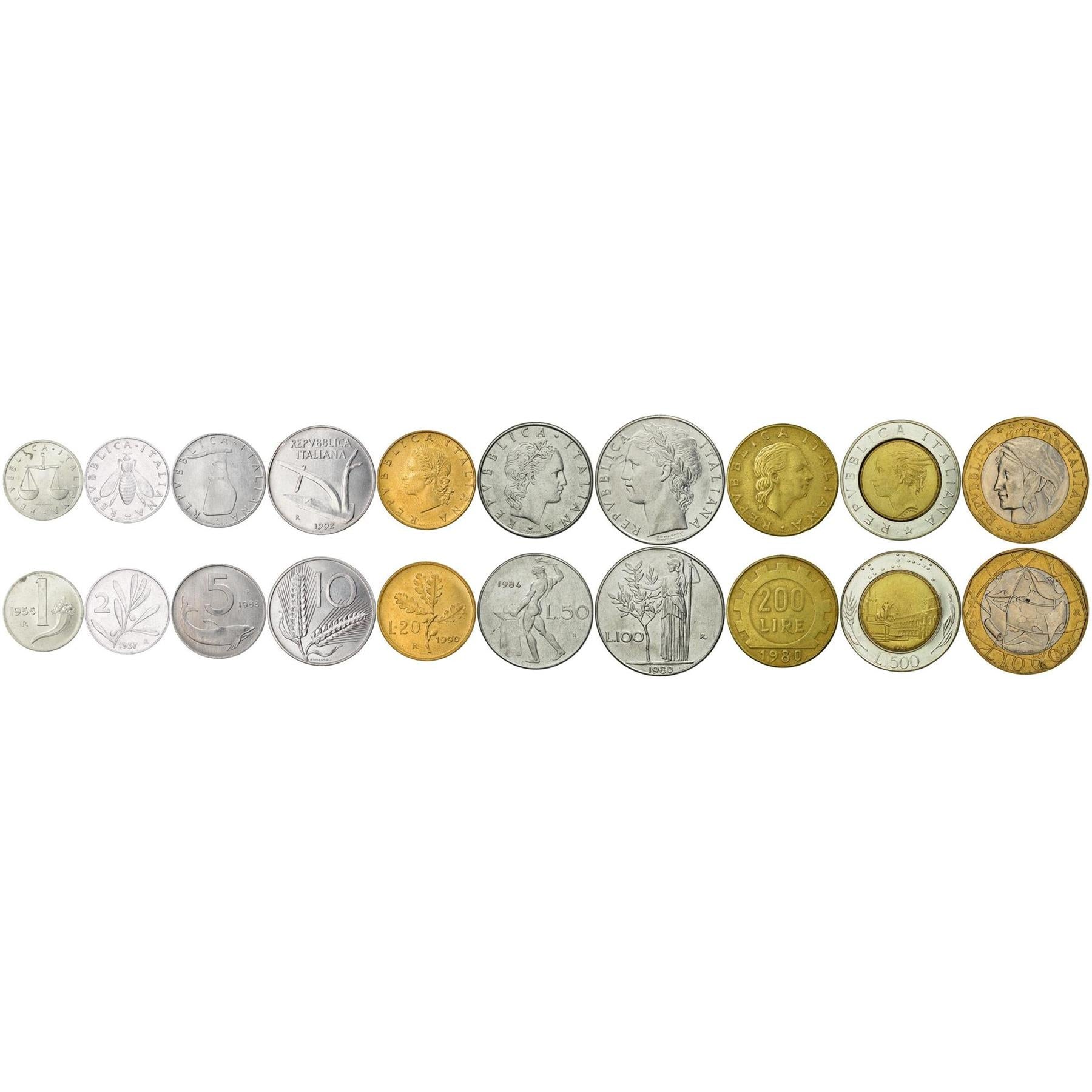 Italy | 10 Coin Set | 1 2 5 10 20 50 100 200 500 1000 Lira | 1951 - 2001