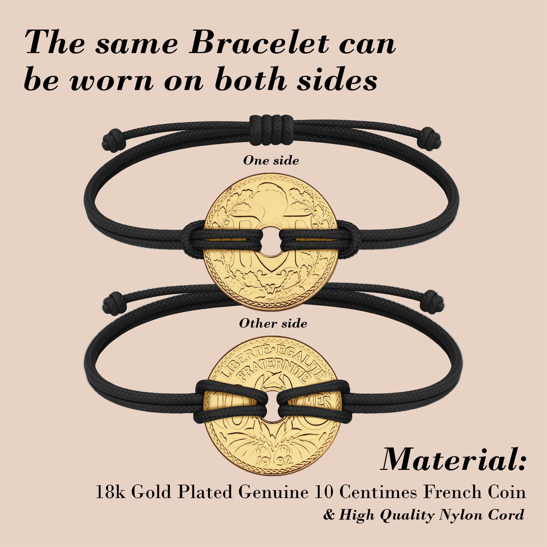 Good Luck Coin Bracelet | Black String Thread Wristband | France Coin 10 Centimes | 18k Gold Plated Fortune Wealth & Protection