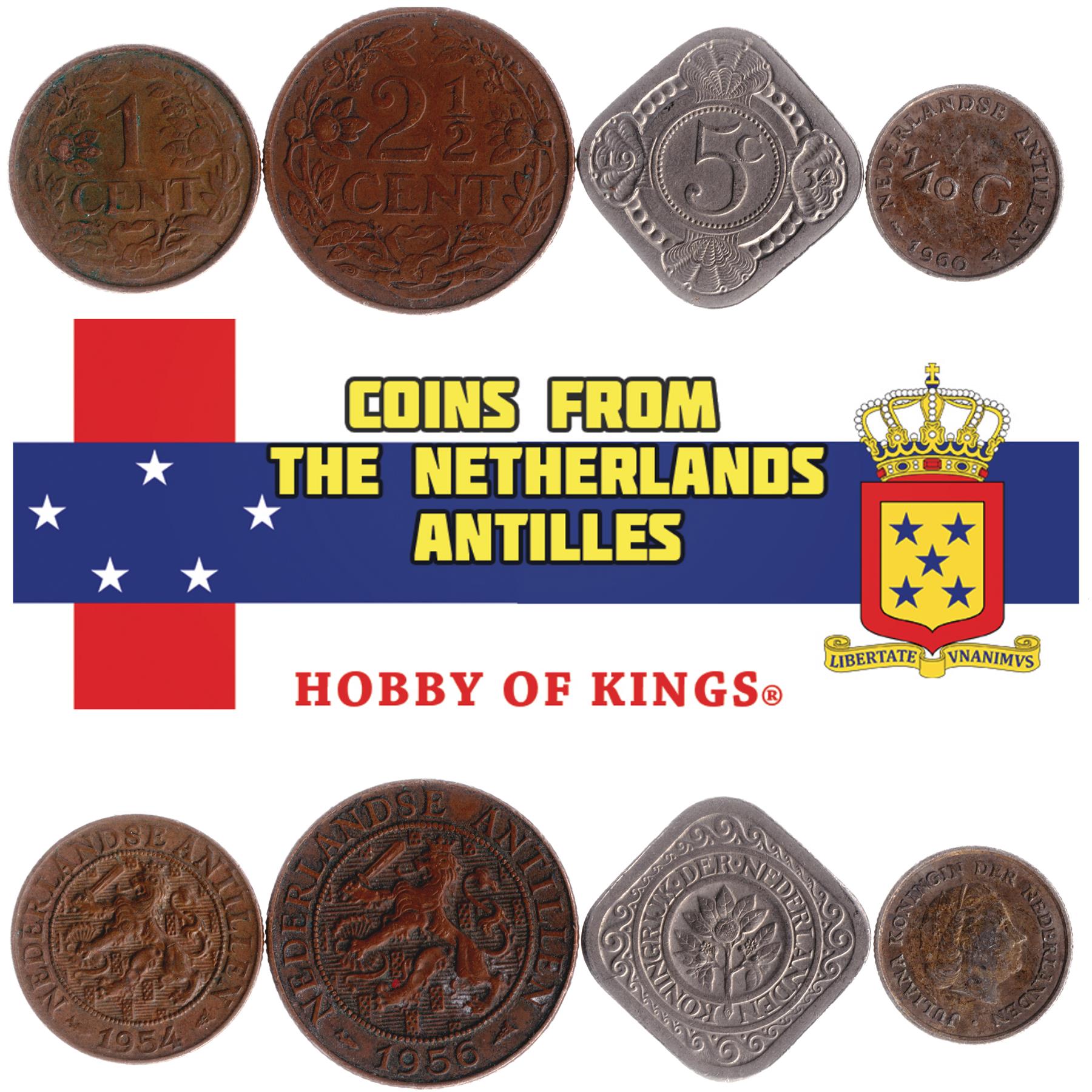 Netherlands Antillean 4 Coin Set 1 2½ 5 Cents 1/10 Gulden | Juliana | Orange Blossom | Netherlands Antilles | 1952 - 1970