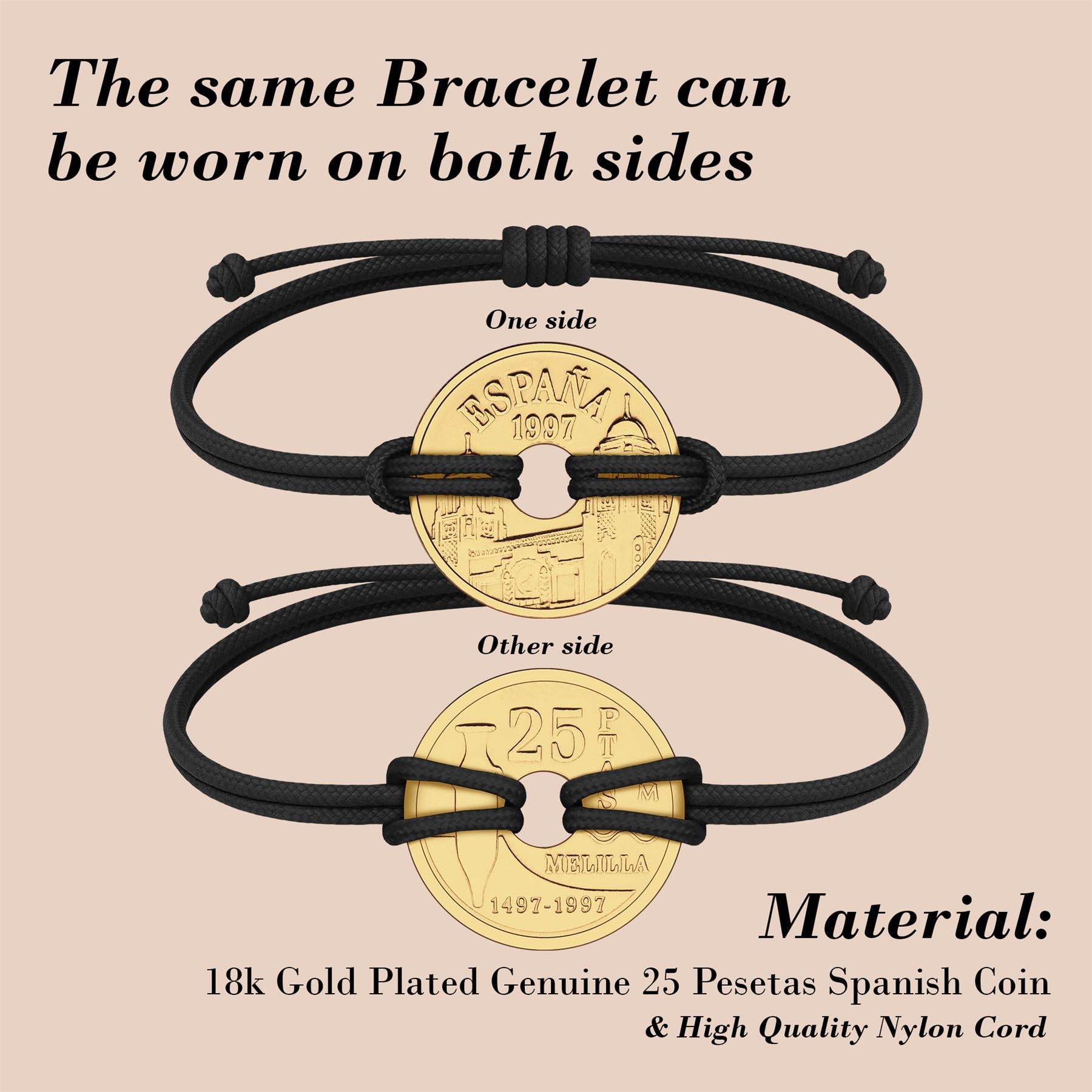 Good Luck Coin Bracelet | Black String Thread Wristband | Spain 25 Pesetas | 18k Gold Plated Fortune Wealth & Protection