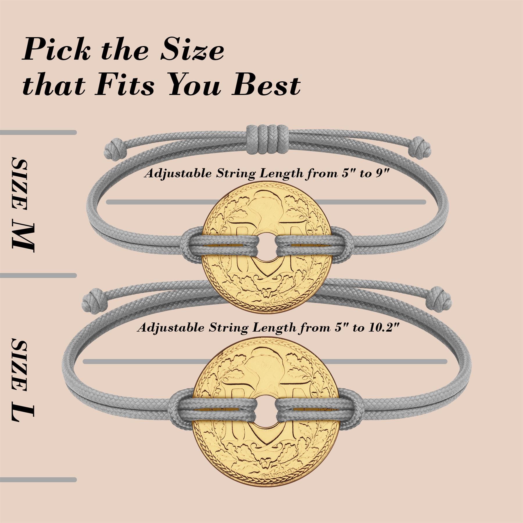 Good Luck Coin Bracelet | Gray String Thread Wristband | France Coin 10 Centimes | 18k Gold Plated Fortune Wealth & Protection