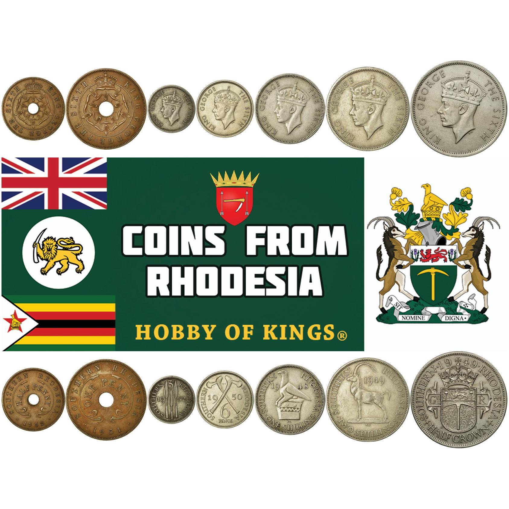 Southern Rhodesia | 7 Coin Set | 1/2 1 Penny 3 6 Pence 1 Shilling 2 Shillings 1/2 Crown | 1948 - 1952