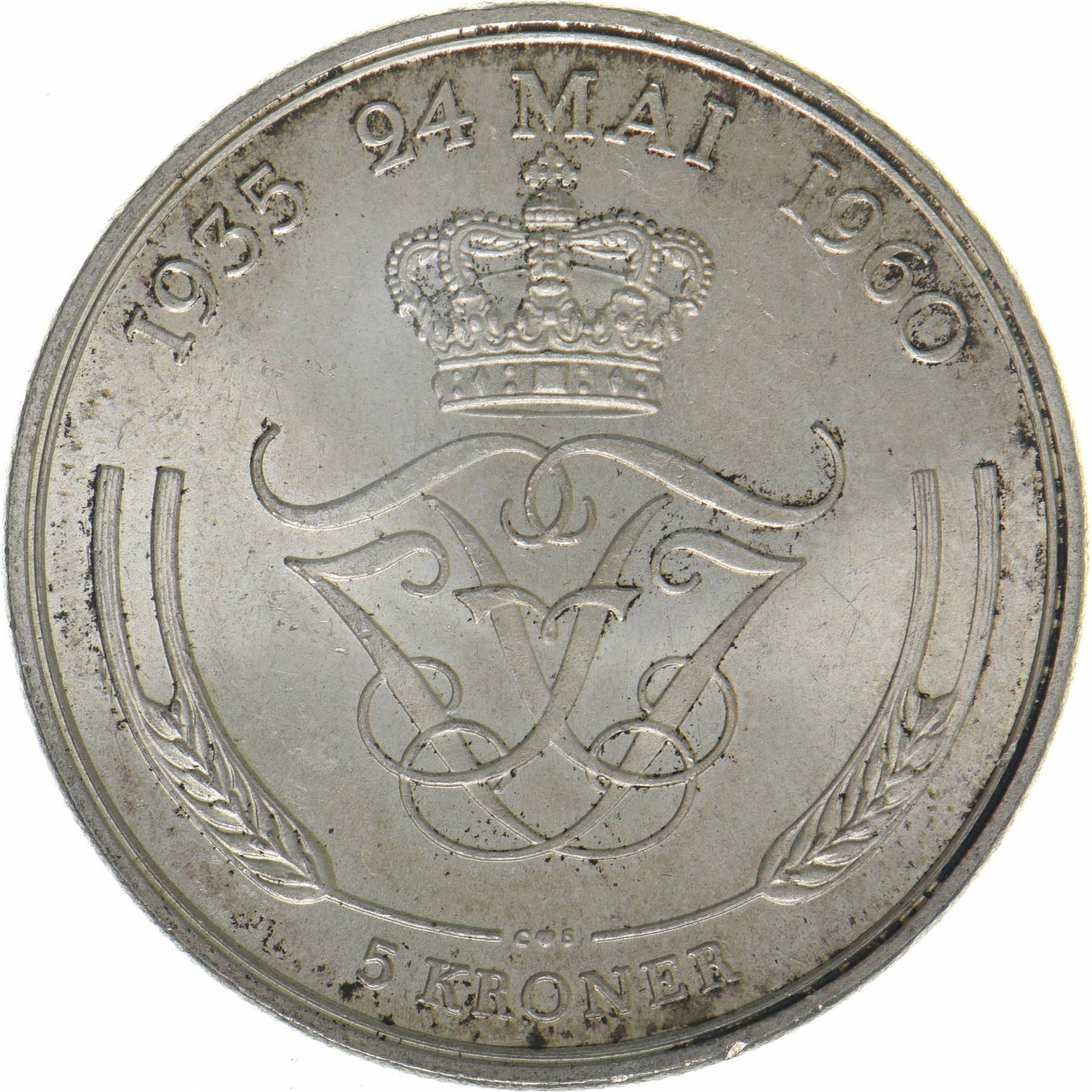 Denmark | 5 Kroner Coin | Silver | Silver Wedding Anniversary | KM:852 | 1960