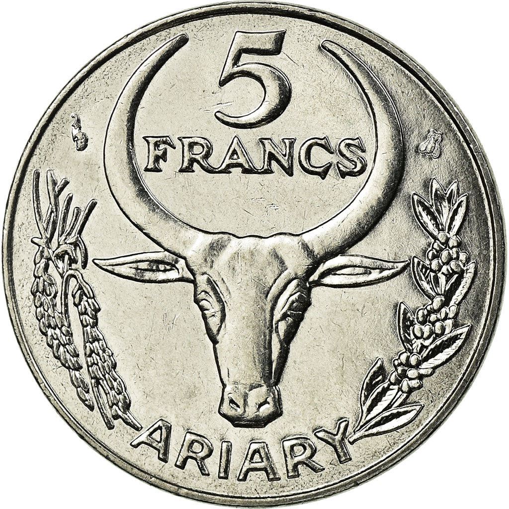 Madagascar | 5 Francs / 1 Ariary Coin | Flower | Zebu | Km:21 | 1996