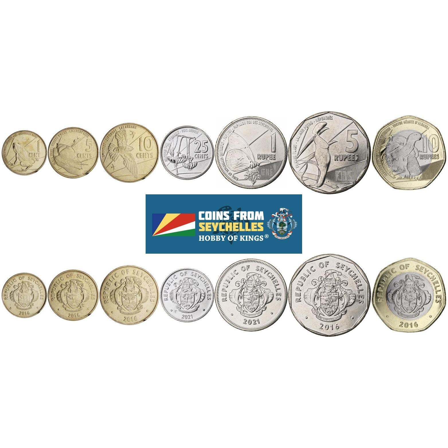 Set 7 Coins Seychelles 1 5 10 25 Cents 1 5 10 Rupees 2016 - 2018